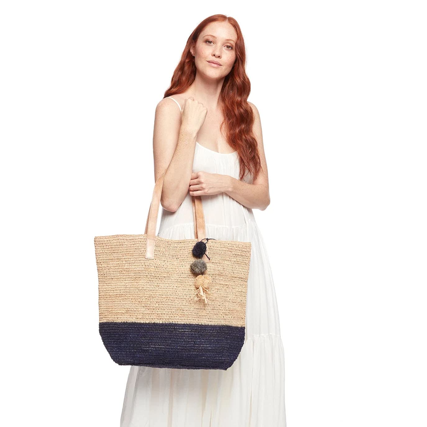 MAR Y SOL Montauk Crocheted Raffia Colorblock Tote Bag - Stylish Beach Bag for Women, Summer Vacation, Poolside & Boho Fashion Accessory