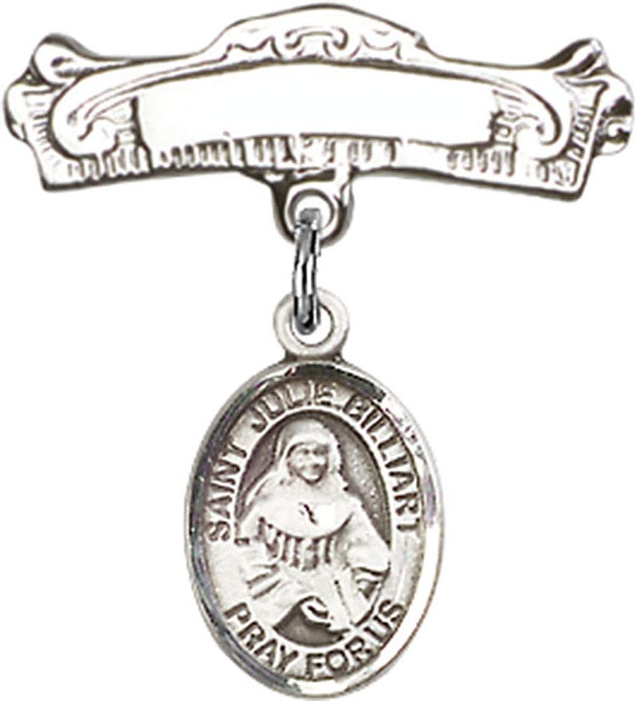 Sterling Silver Baby Badge with St. Julie Billiart Charm - Elegant Arched Polished Pin for Christening, Baptism & First Communion | Handcrafted in USA | Perfect Gift for Catholic Celebrations