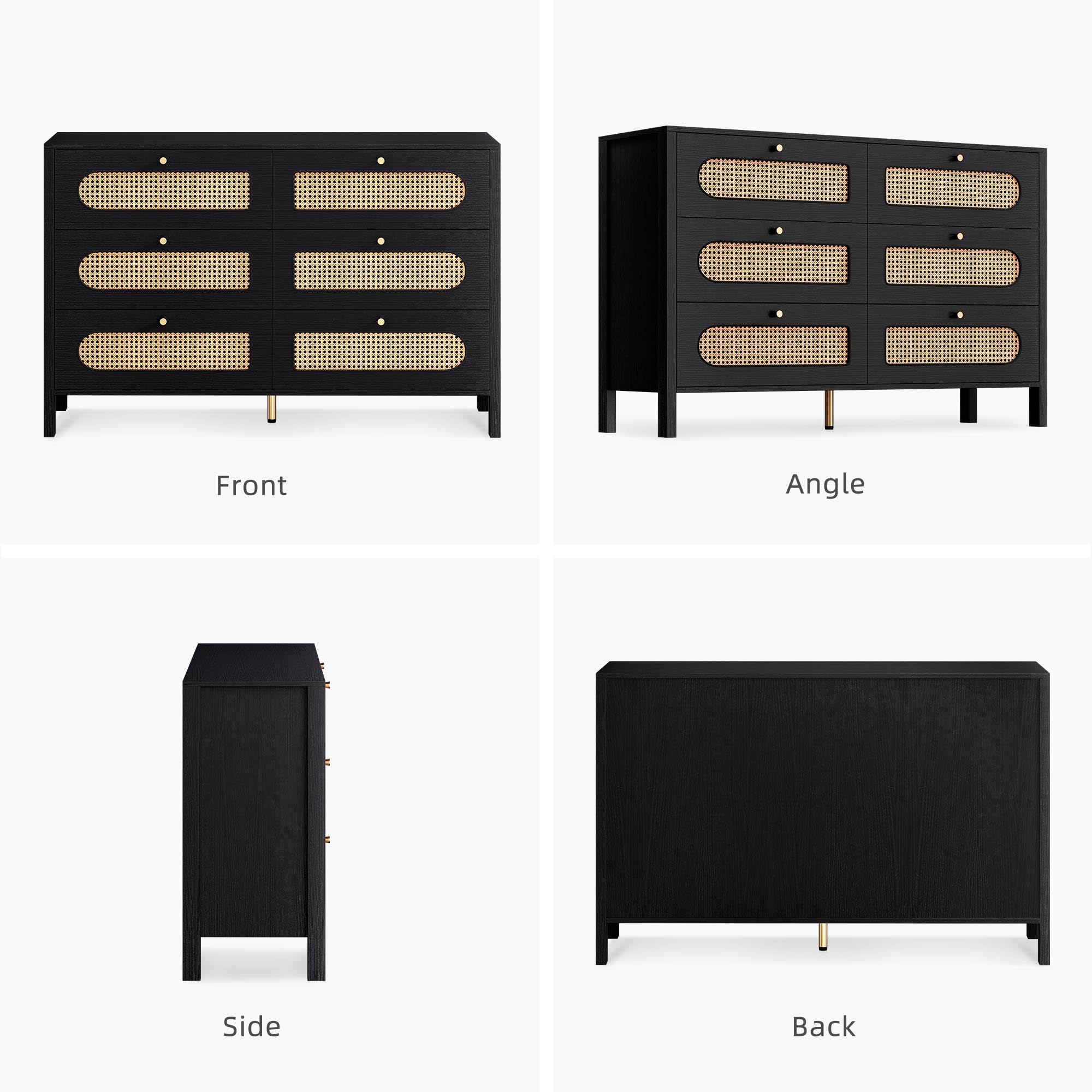 DWVO Natural Rattan 6-Drawer Dresser - Wooden Black Boho Double Dresser Chest with Golden Handles - Modern Large Storage Cabinet for Bedroom, Living Room, Hallway & Entryway - Perfect for Closet Organization & Home Decor