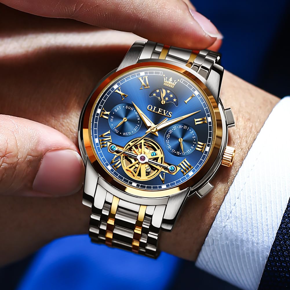 OLEVS Automatic Self-Winding Men's Watch with Date & Day Display - Stainless Steel Skeleton Tourbillon Watch - Waterproof Mechanical Watch for Men | Perfect for Business, Formal Events & Daily Wear
