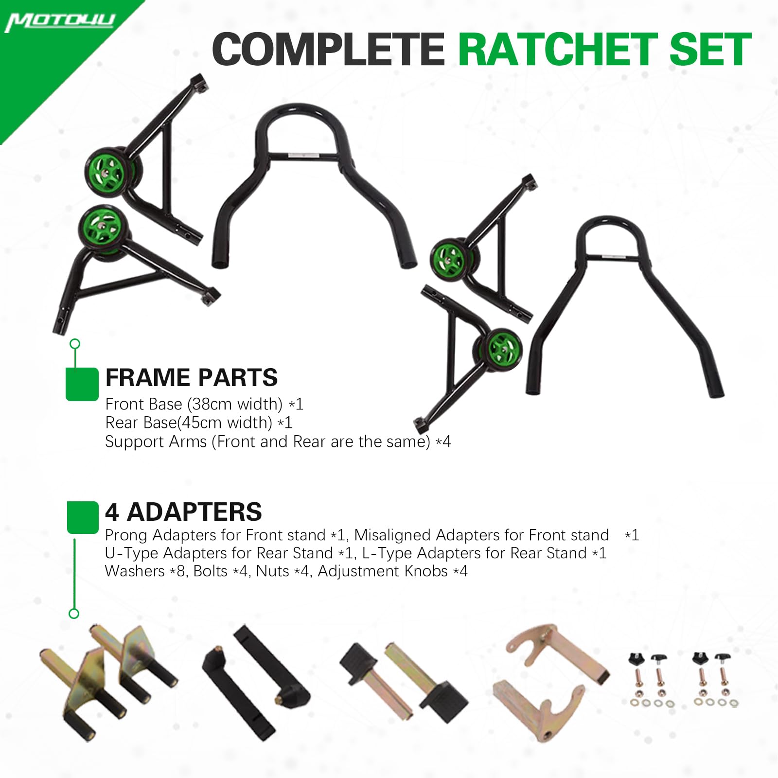 MOTO4U Universal Motorcycle Front & Rear Wheel Lift Stand Combo - Paddock Stand with Swingarm Spool for Sportbikes (Green Wheel) - Perfect for Garage Maintenance, Tire Changes & Bike Storage