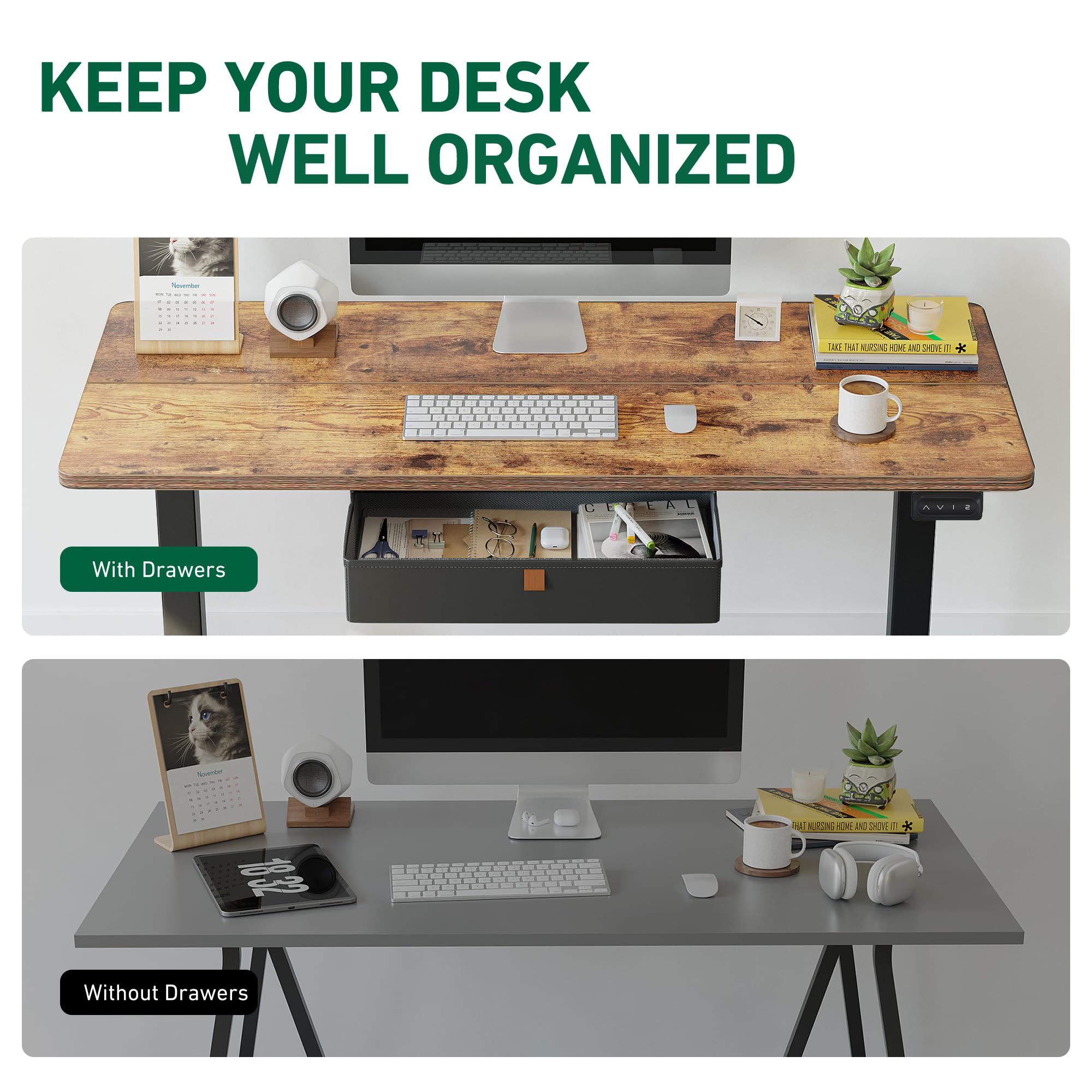 FEZIBO 40 x 24 Inches Electric Standing Desk with Drawer - Adjustable Height Sit Stand Desk with Storage, Ergonomic Home Office Computer Desk in Rustic Brown - Perfect for Remote Work, Gaming & Small Spaces