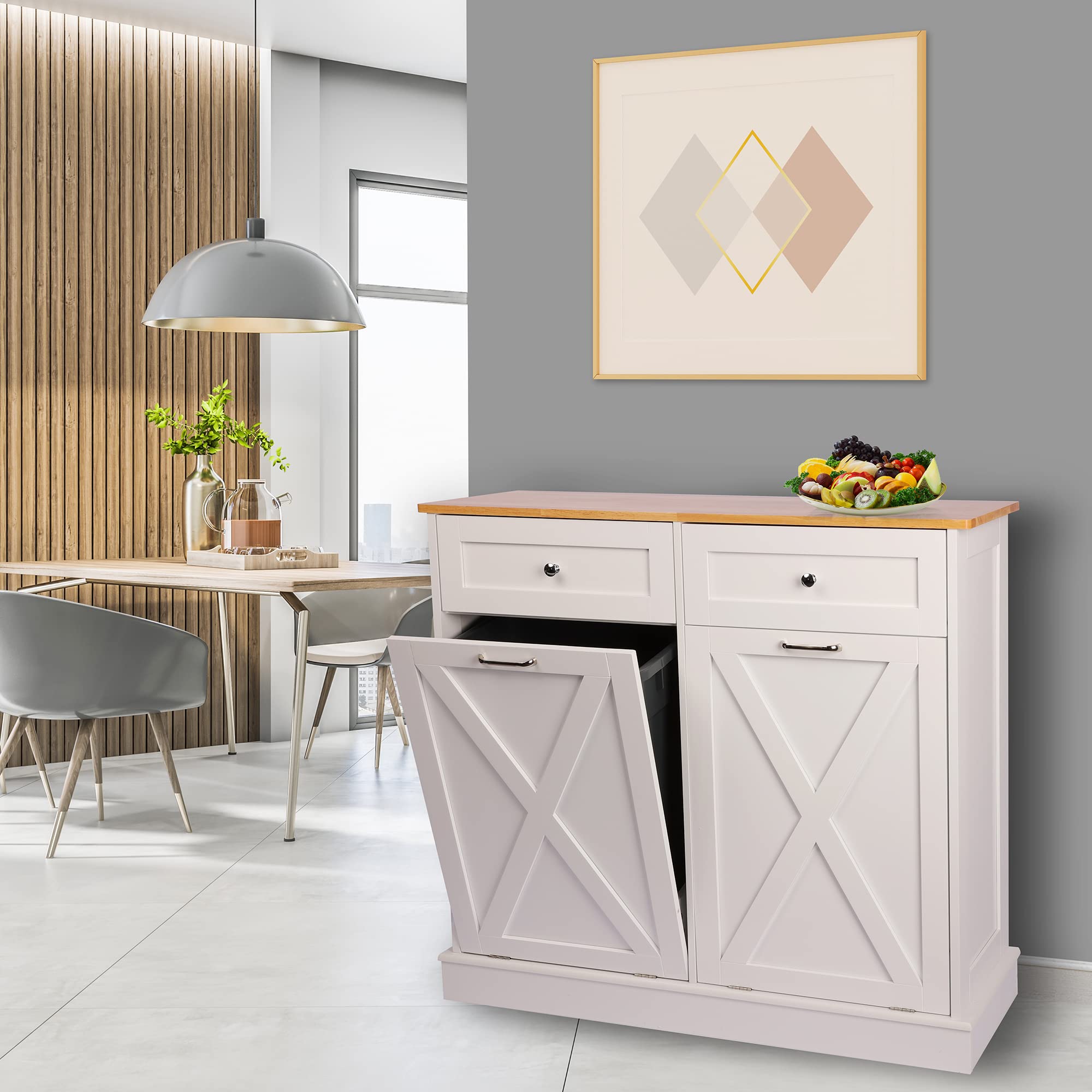 Farmhouse Style Kitchen Trash Cabinet - Solid Wood Double Tilt Out Trash Can with Barn Door | Pet Proof & Odor Blocking Laundry Storage | Perfect for Modern Farmhouse, Rustic Kitchens & Mudroom Organization