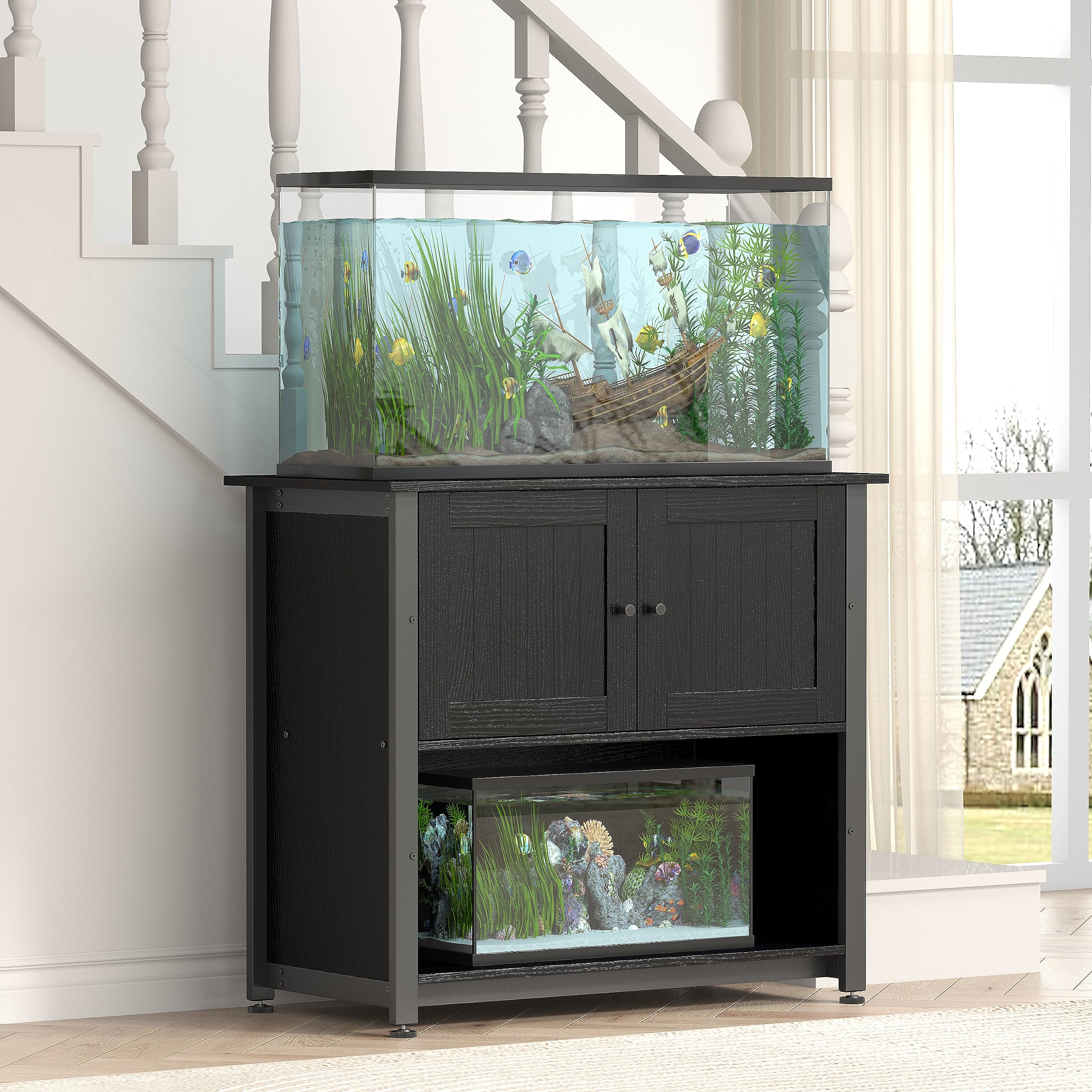 Tatub 40-50 Gallon Fish Tank Stand with Cabinet - Heavy Duty Metal Aquarium Stand for Reptile Tanks & Turtle Terrariums - 1000LBS Capacity, Storage for Accessories, Fits 2 Aquariums - Black | Perfect for Home, Office & Pet Store Displays