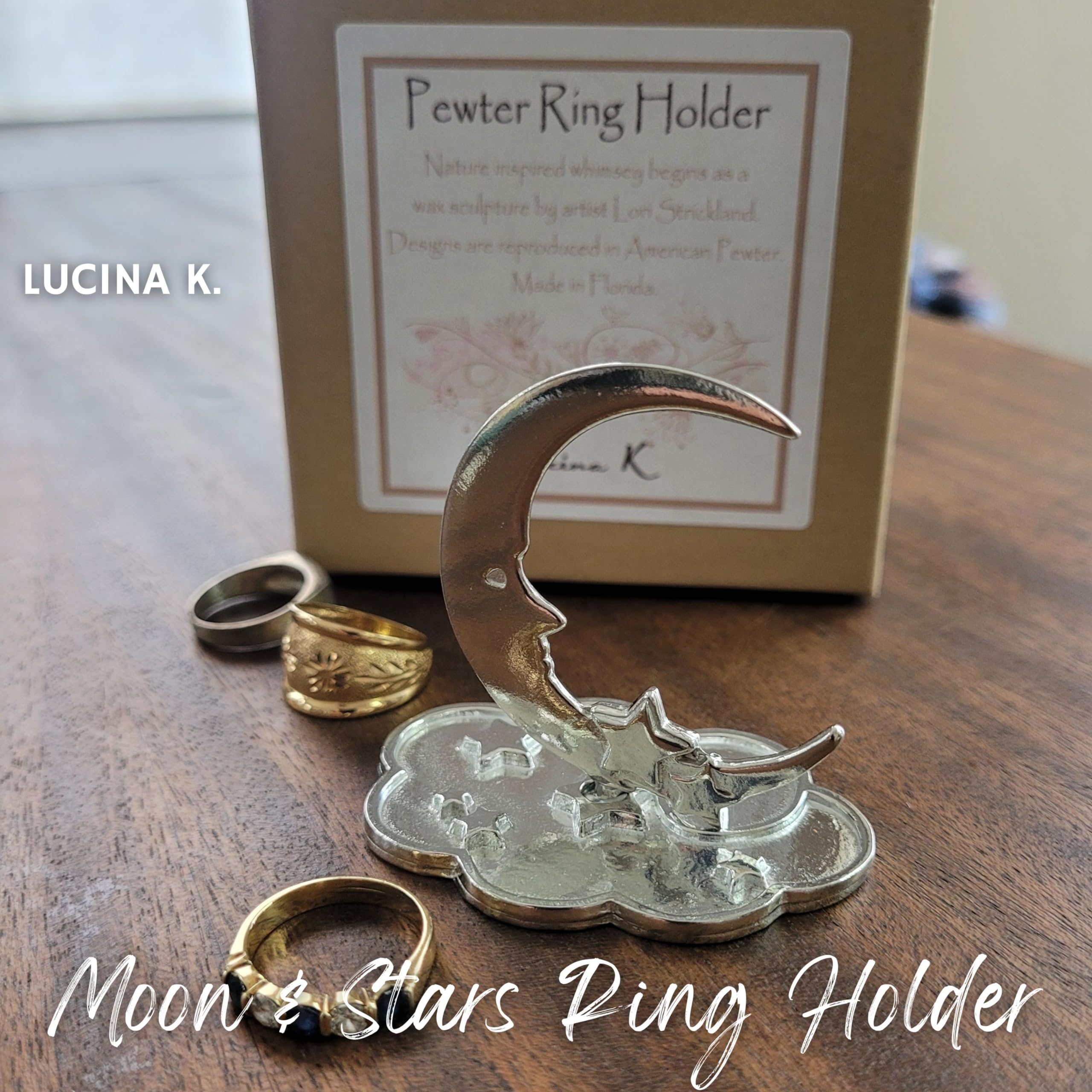 Celestial Pewter Moon & Stars Ring Holder - USA Handcrafted Gift for Jewelry Storage