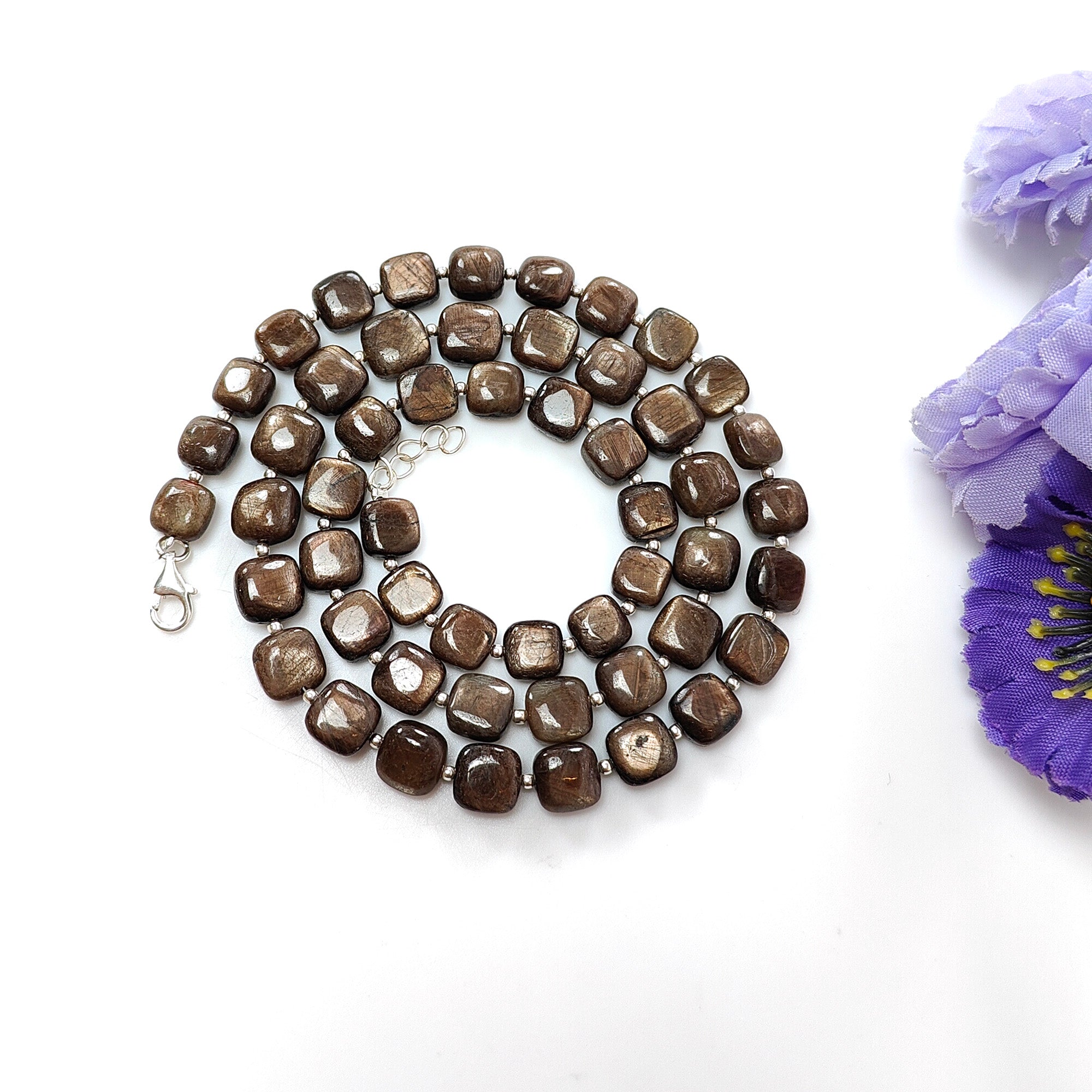Natural Golden Brown Chocolate Sapphire Gemstone Beads Necklace - 925 Sterling Silver, 7mm-8mm Cushion Cut, 36g (Approx) - Perfect for Wedding, Anniversary & Special Occasion Jewelry Gifts