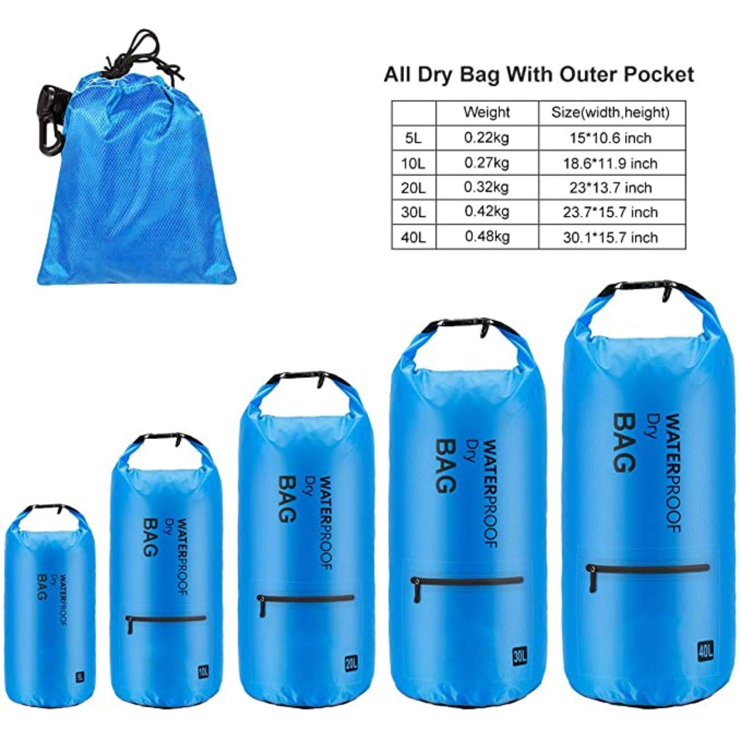 Lightweight Waterproof Dry Bag Backpack for Camping, Kayaking, Boating & Swimming - Floating Sack with 2 Exterior Zip Pockets | Perfect for Outdoor Adventures, Beach Trips & Water Sports (Blue, 10L)