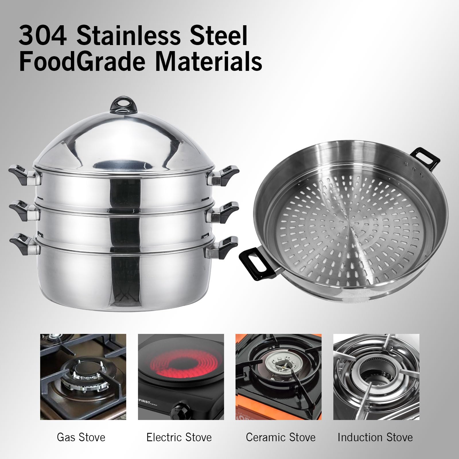 LetFeng 3-Tier Stainless Steel Steamer Pot - 21 Inch Multipurpose Cooking Steamer for Induction & Gas Stoves - Large Food Steamer with Capsule Bottom for Vegetables, Dumplings & Seafood
