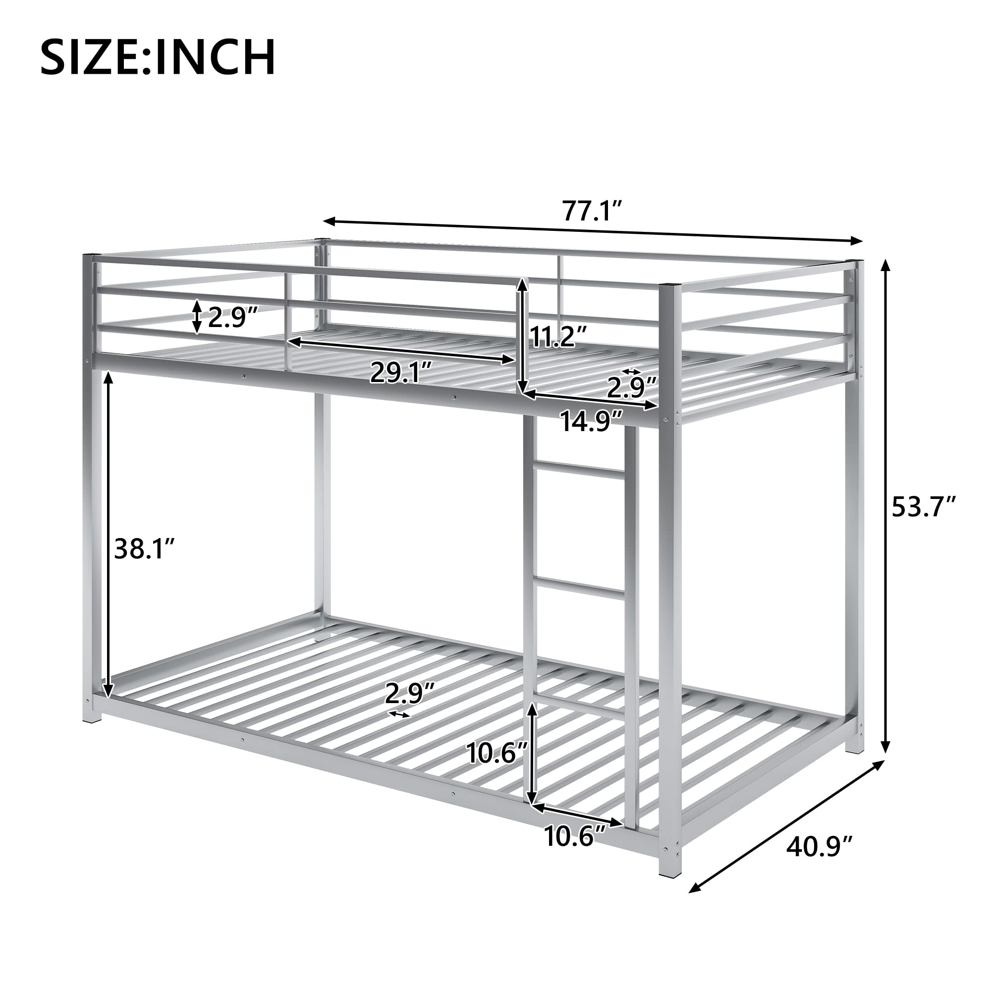JULYFOX Metal Twin Over Twin Bunk Bed Frame - Sturdy Steel Construction with Ladder, No Box Spring Needed - Space Saving Solution for Kids, Teens & Small Rooms (Silver, Twin Size) - Perfect for Dormitories, Guest Rooms & Vacation Homes