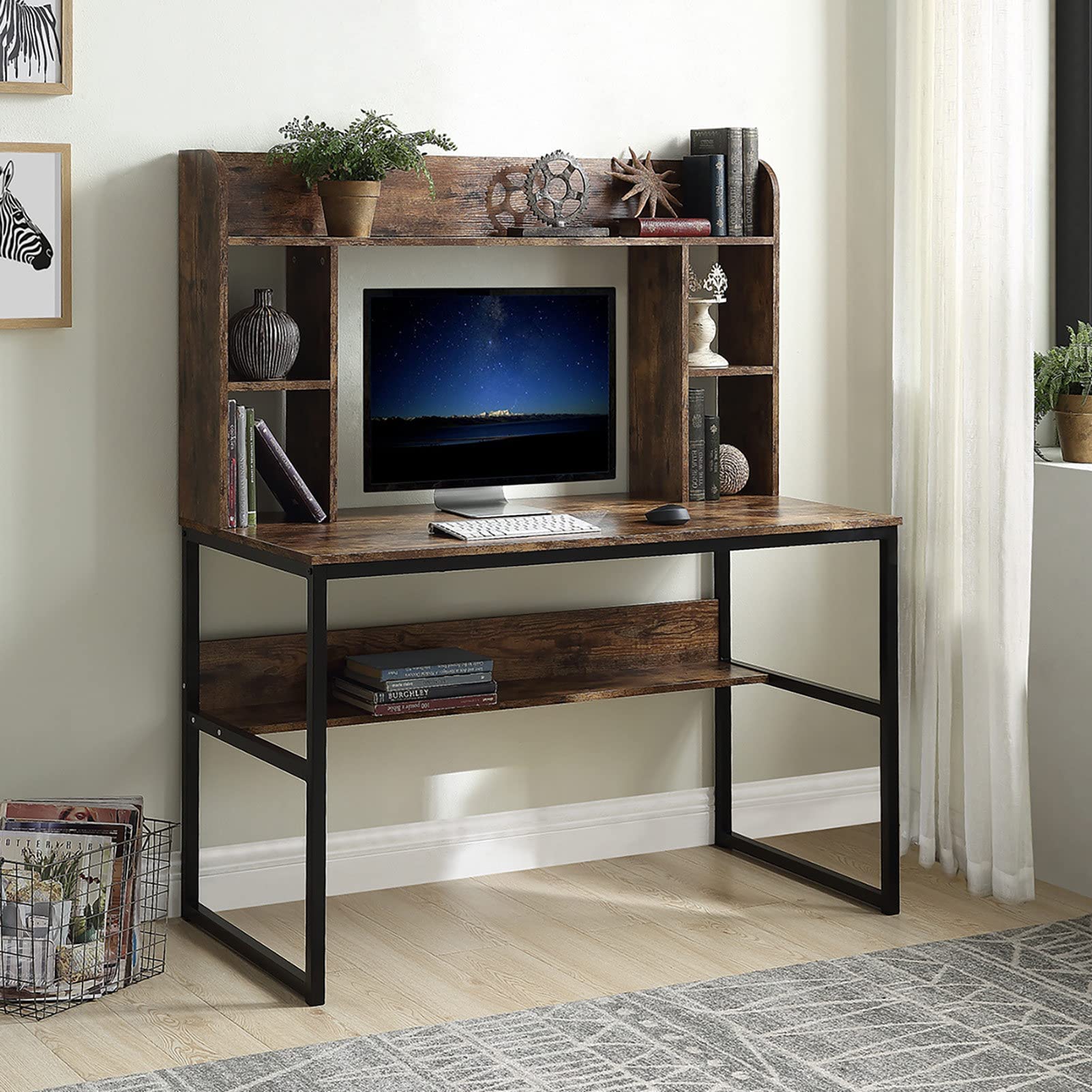 Modern Rustic Brown Computer Desk with 3-Tier Storage Shelves - Spacious Laptop Writing Desk for Home Office, Study & Work - Multi-Purpose PC Desk with Bookshelf & Large Storage Space