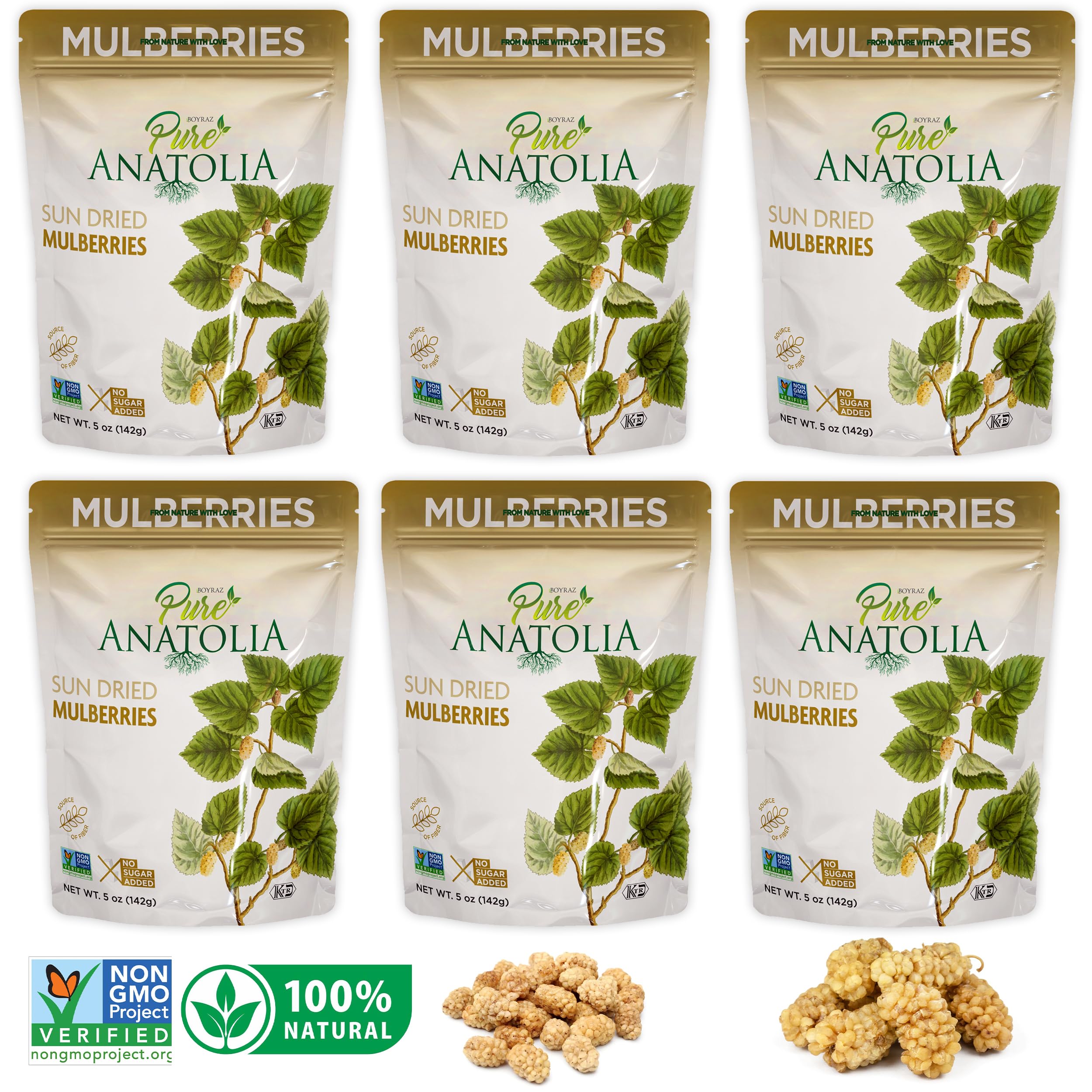100% Sun-Dried White Mulberries by Pure Anatolia | Non-GMO, No Sugar Added, Sulfur-Free, Kosher Certified | Healthy Whole Fruit Fiber Snacks | 5 oz Resealable Pack | Perfect for Smoothies, Yogurt, Baking & On-the-Go Snacking