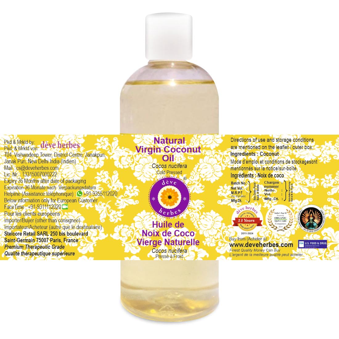 Organic Virgin Coconut Oil (Cocos Nucifera) - Cold Pressed, Unrefined, 100% Pure, Therapeutic Grade - 200ml - For Cooking, Skin Care & Hair Treatment