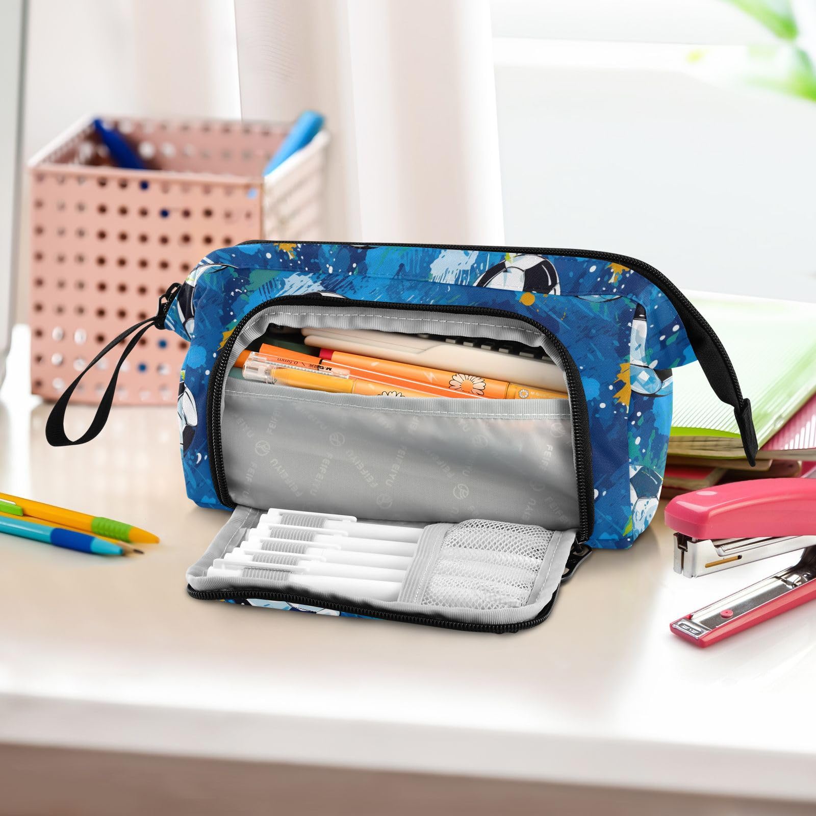 Premium Soccer-Themed Large Capacity Pencil Case with Zipper - Aesthetic School Supply Organizer for Students, Teens & Adults | Perfect for Sports Fans, School, Office & Travel