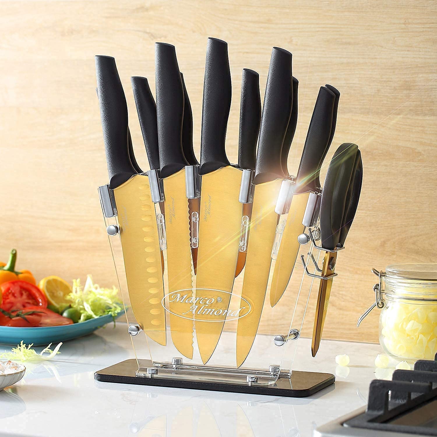 Premium Golden Titanium Knife Set with Acrylic Stand - 5-Piece Kitchen Knives with Block + KYA53 Golden Titanium Box Grater - Stainless Steel Grater Slicer for Potato, Salad & Vegetables - 4-Sided Multi-Functional Peeler - Perfect for Home Cooking, Meal Prep & Professional Kitchens