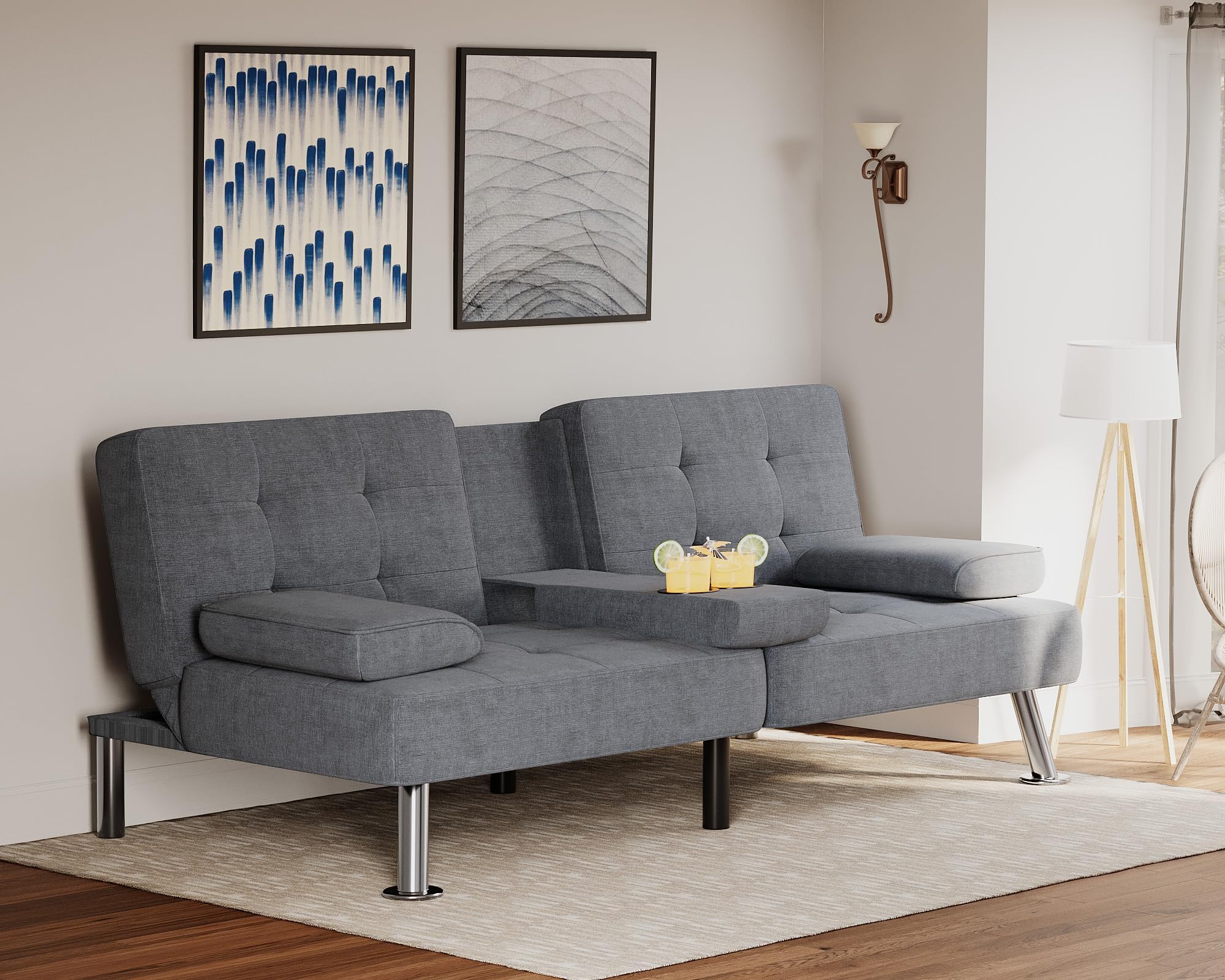 Modern Folding Futon Sofa Bed - Convertible Linen Fabric Recliner Lounge with 2 Cup Holders & Removable Armrests for Living Room, Bedroom or Guest Room (Grey) - Space-Saving Multi-Functional Furniture for Small Apartments & Home Offices