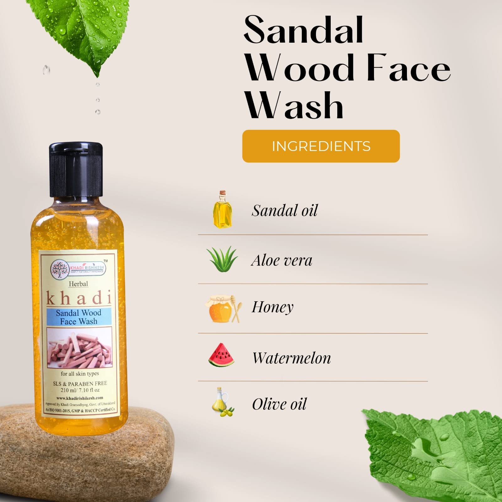 Khadi Rishikesh Ayurvedic Sandal Face Wash - Reduces Pimples, Dark Circles & Spots | Deep Cleansing for Glowing Skin | SLS & Paraben Free | 210ml | Made with 5 Herbs | Includes Free Towel Rummal | Daily Facial Cleanser for Acne-Prone & Sensitive Skin | Perfect for Morning & Night Skincare Routine