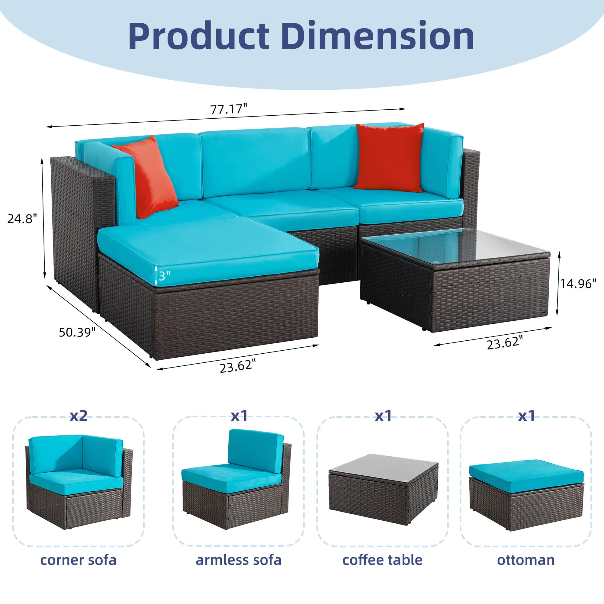 5-Piece All-Weather Brown PE Wicker Outdoor Patio Furniture Set - Sofa Sectional with Ottoman, Glass Coffee Table - Perfect for Garden, Backyard, Poolside & Small Balcony Conversations