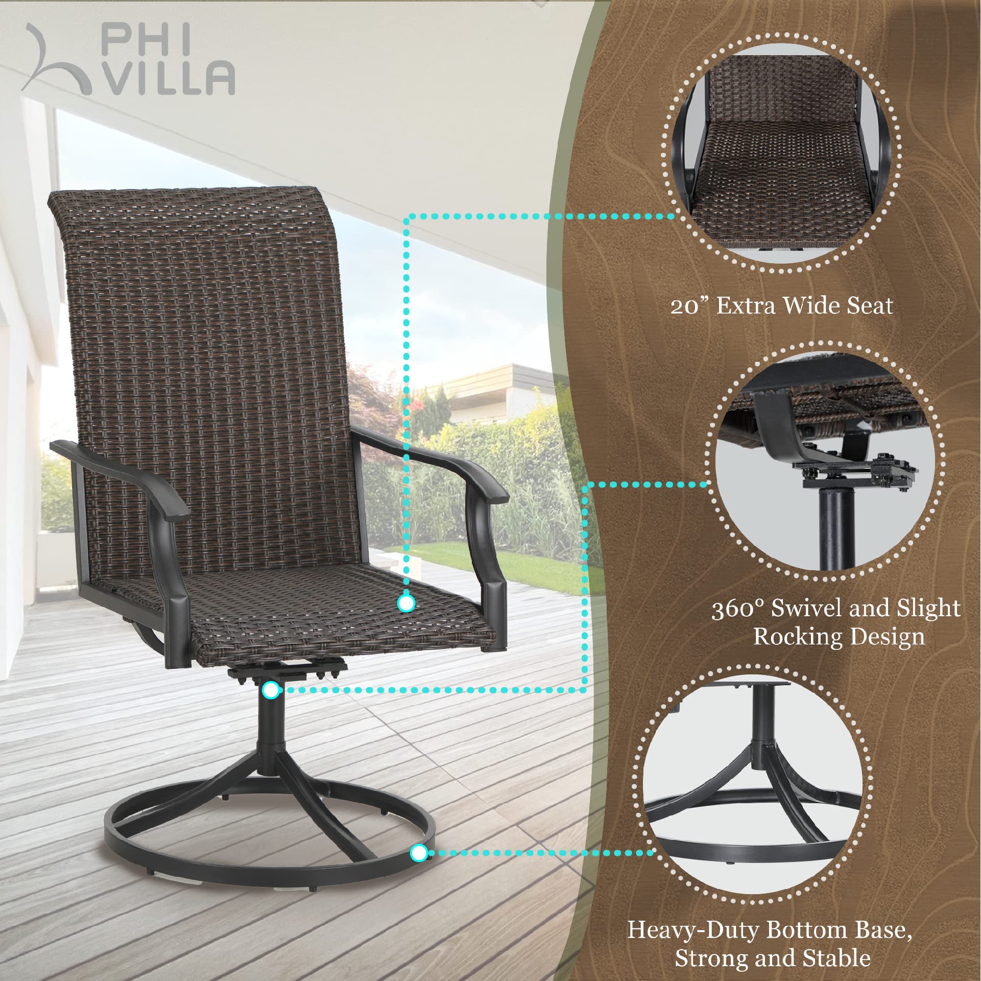 PHI VILLA 7-Piece Outdoor Patio Dining Set with Wicker Swivel Chairs & Metal Table (1.77