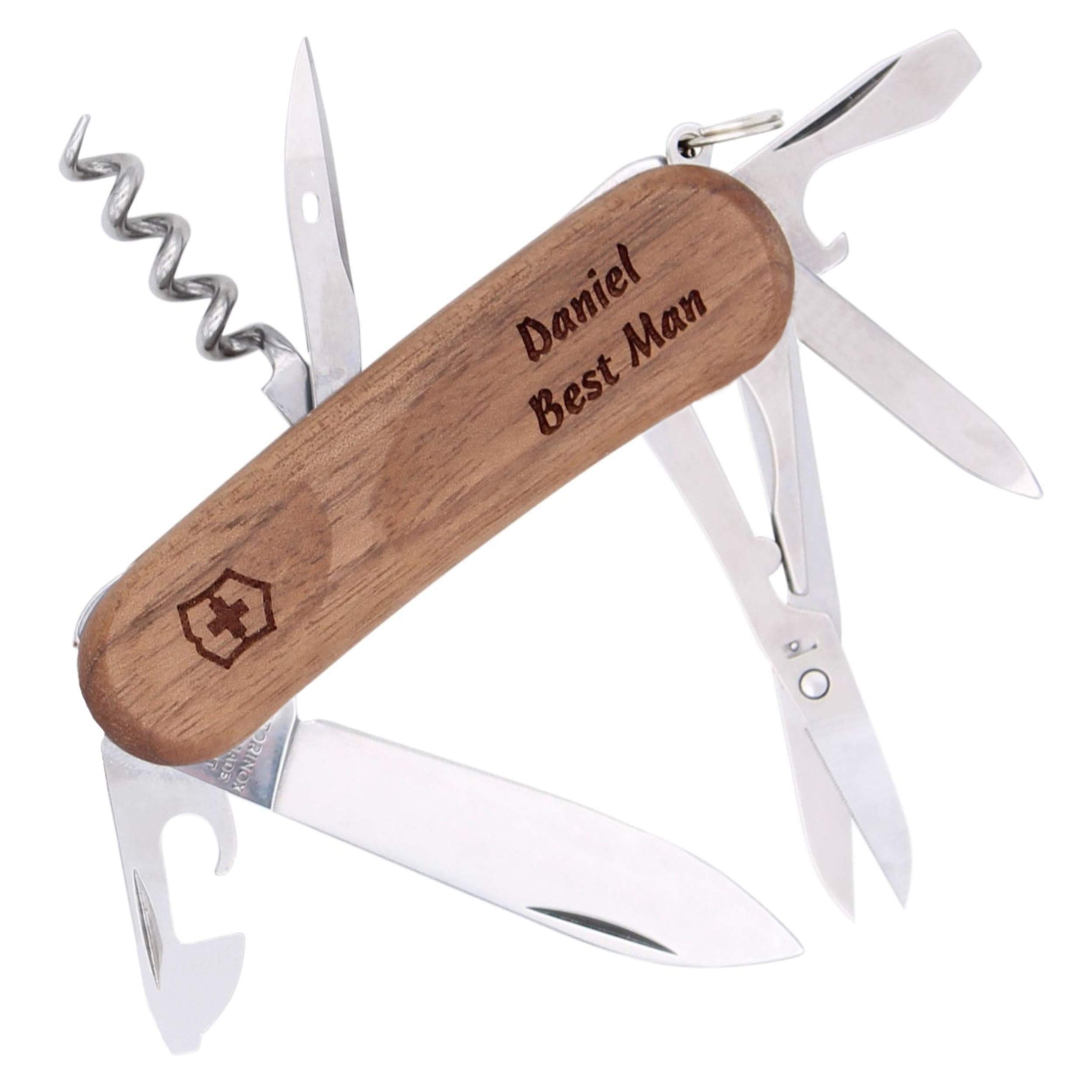Personalized Walnut Handle Victorinox Swiss Army Evolution Wood 14 Multitool - Laser Engraved Swiss Knife for Camping, Hiking & Everyday Carry (EDC)