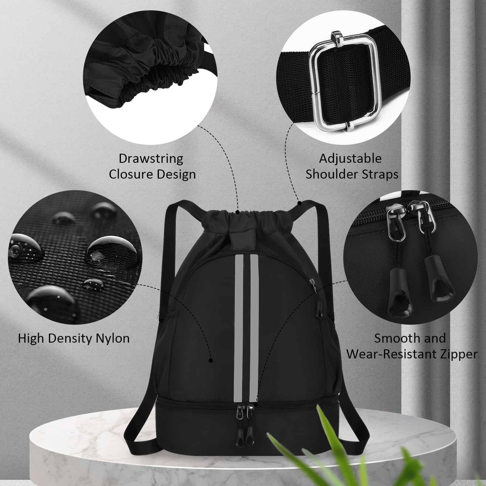 MEYDLL Gym Backpack - Large Capacity Waterproof Drawstring Bag with Reflective Stripes & Side Pockets for Men & Women - Perfect for Workout, Travel & Outdoor Sports