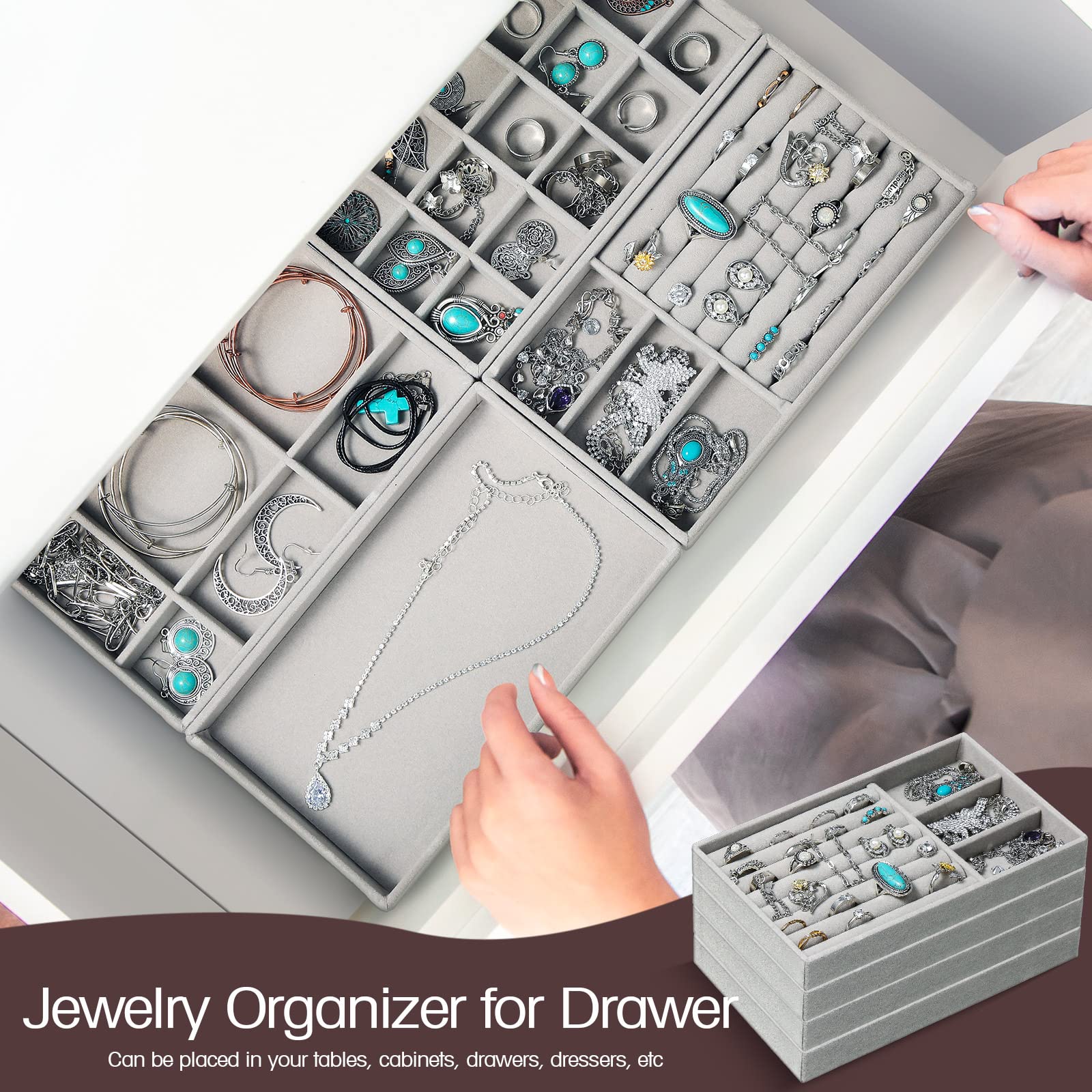 16-Piece Stackable Velvet Jewelry Organizer Set - 8.3x5x1 Inch Drawer Inserts for Rings, Earrings & Accessories | Closet & Dresser Storage Solution | Perfect Wedding Gift for Women & Girls