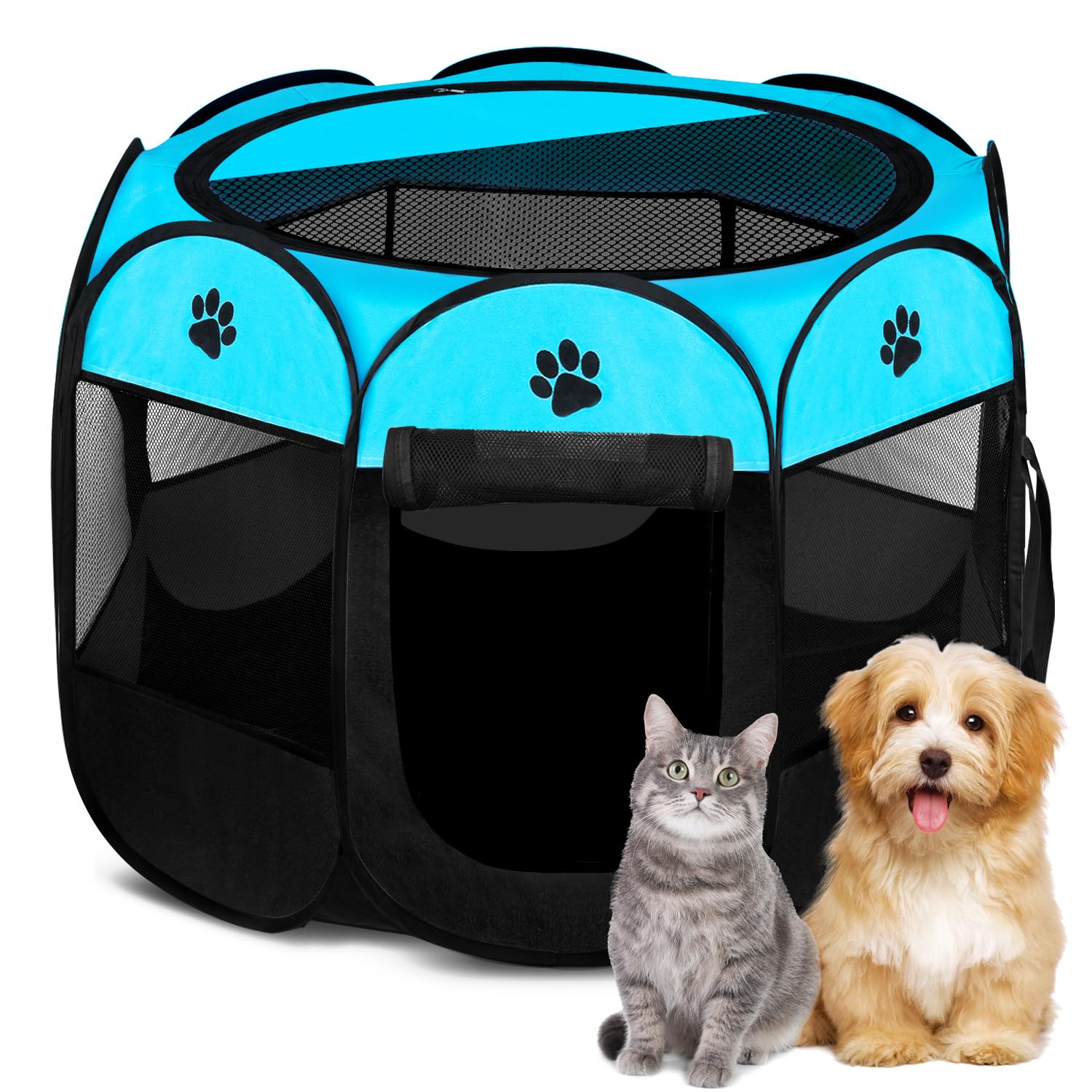 Foldable Portable Pet Playpen for Dogs & Cats - Small, Medium & Large Sizes - Indoor/Outdoor Pop-Up Kennel Tent for Travel, Camping & Home Use (Blue, 28