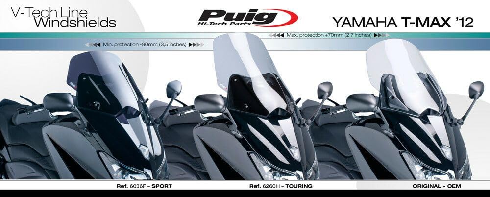 Puig Windshield V-Techline Touring for Yamaha T-MAX 530 (2012-2016) - High-Quality Motorcycle Windshield for Comfortable Long-Distance Riding