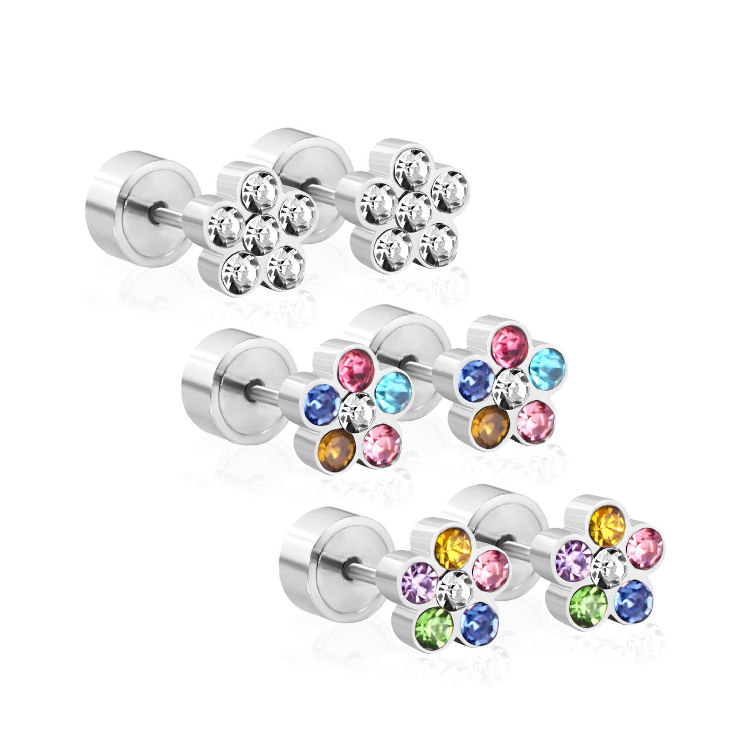 LUXU kisskids Stainless Steel Stud Earrings for Girls & Women - Colorful Flower Shape with CZ Inlaid Screw Back Earrings - Hypoallergenic Piercing Jewelry for Everyday Wear, Parties & Gifts