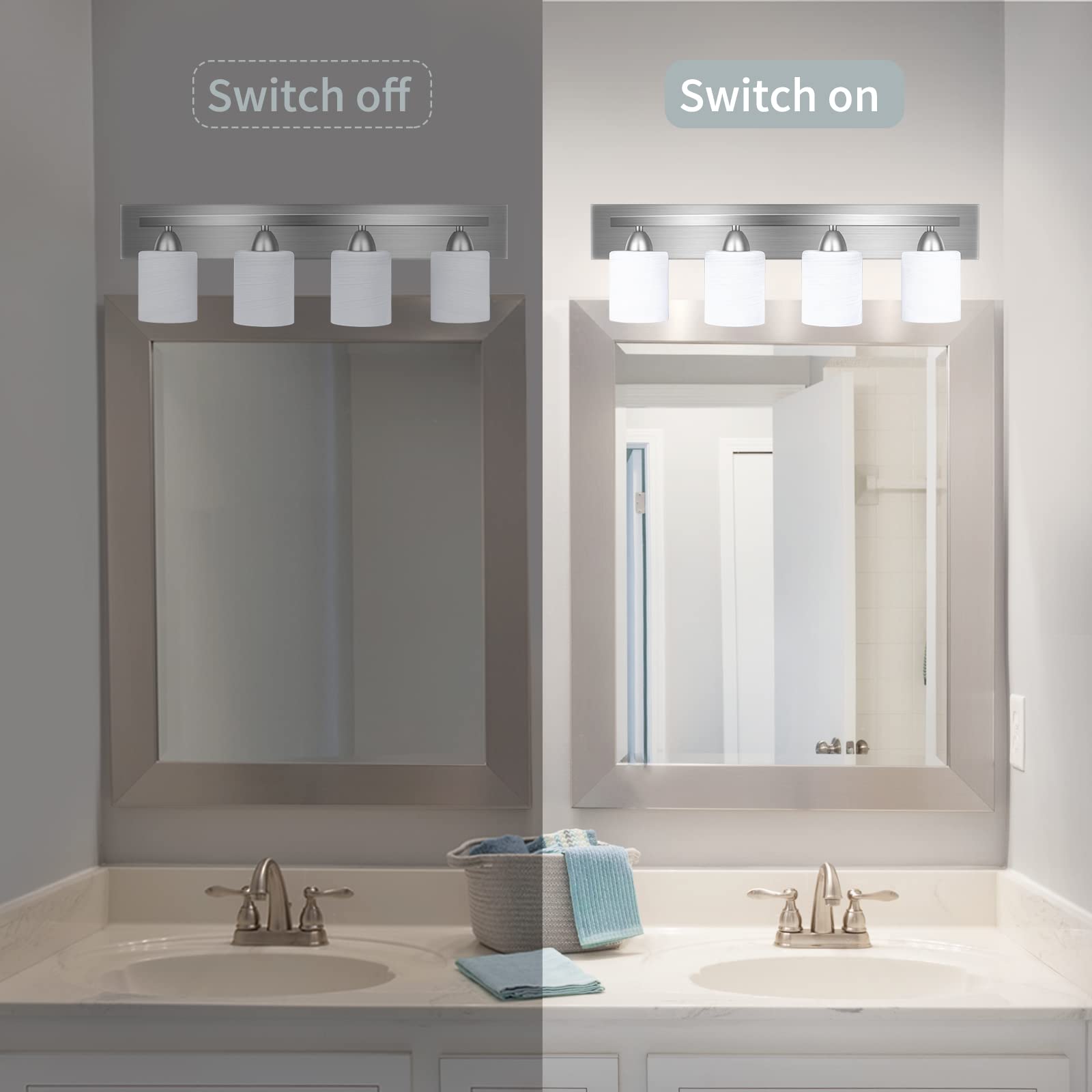 PARTPHONER 4-Light Bathroom Vanity Light Fixture Set - 5 Piece All-in-One Bathroom Accessories Including Towel Ring, Robe Hook & Toilet Paper Holder in Brushed Nickel with White Frosted Glass - Perfect for Modern Bathroom, Master Bath & Powder Room Decor