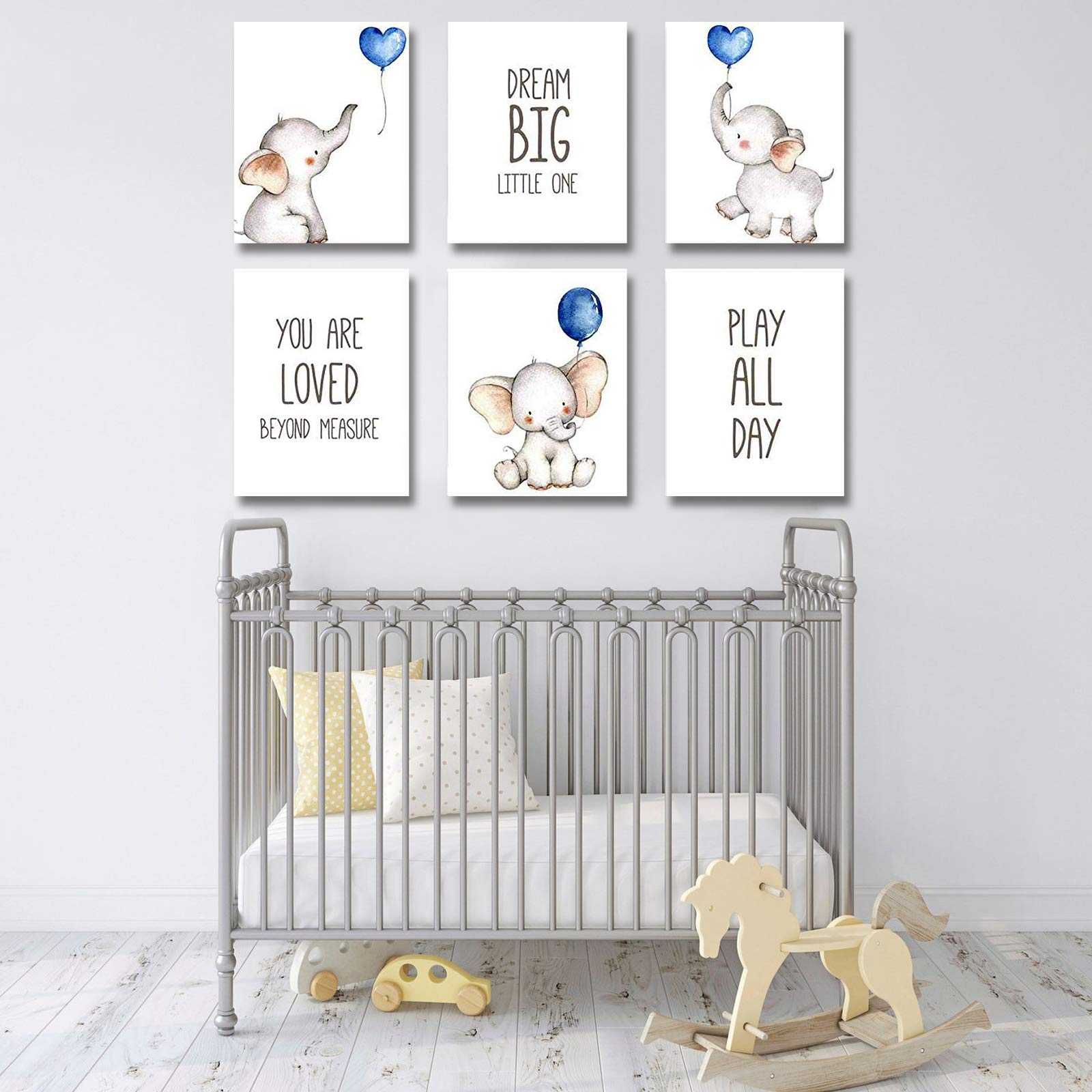 iMagitek Set of 6 Blue Elephant Nursery Wall Art Prints - Unframed Baby Boy Room Decor with Balloons (8
