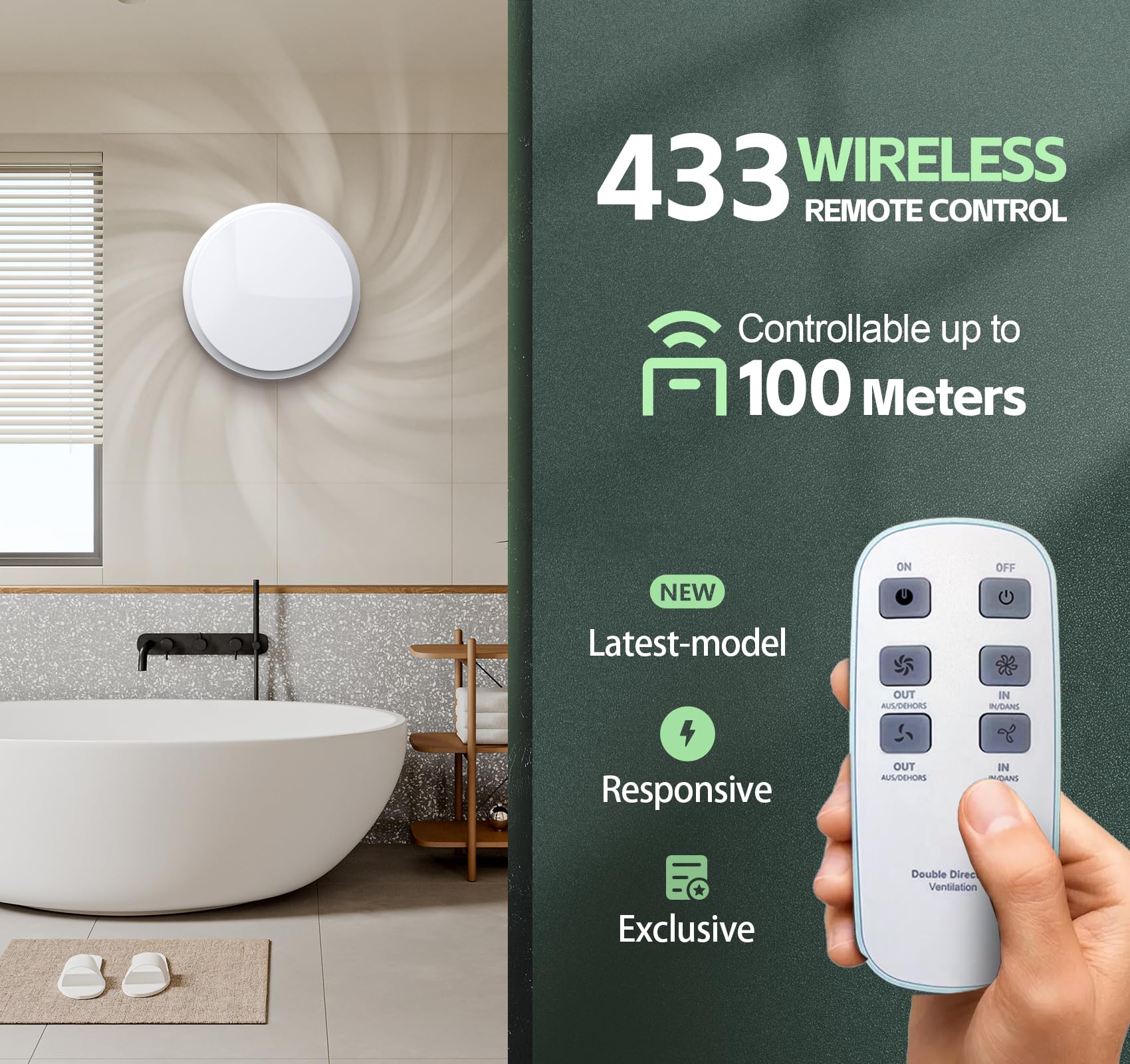 4 Inch Two Way Bathroom Exhaust Fan with Remote Control - Ultra Quiet Household Ventilation Fan for Bathroom, Kitchen, Garage - Window, Ceiling & Wall Mount Ventilation System (Perfect for Home, Office & Commercial Use)