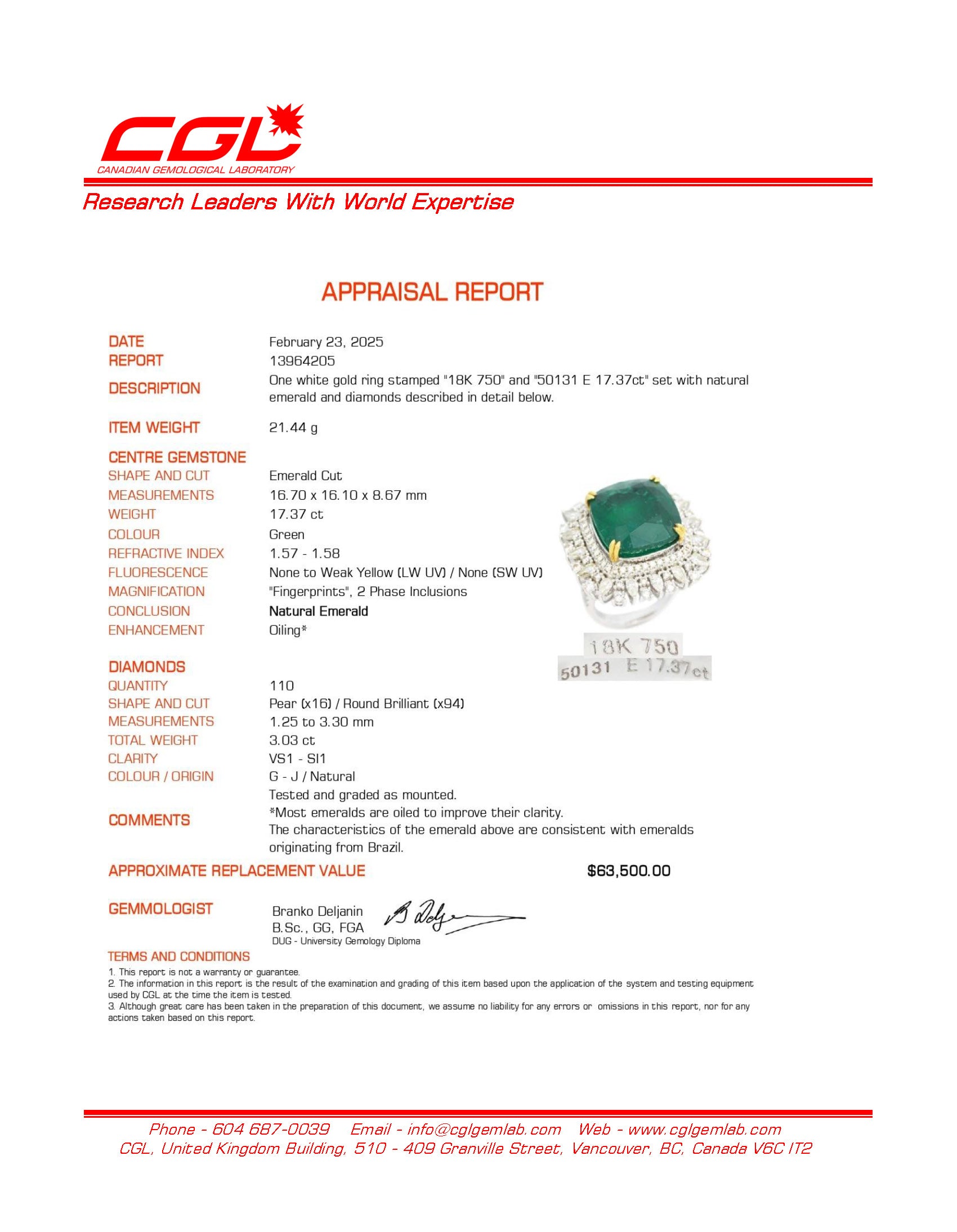 18K White Gold Emerald and Diamond Cocktail Ring - 17.37ct Emerald & 1.87ctw Diamonds - Size 7.25 - Elegant Evening Wear & Special Occasion Jewelry