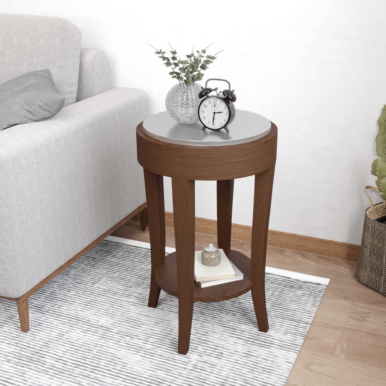 HOMPUS Modern Round Side Table - 2-Tier Wooden Accent End Table with MDF Veneer & Brush Finish | Coffee Table, Nightstand for Living Room, Bedroom, Office | Brown Home Furniture for Small Spaces & Compact Areas