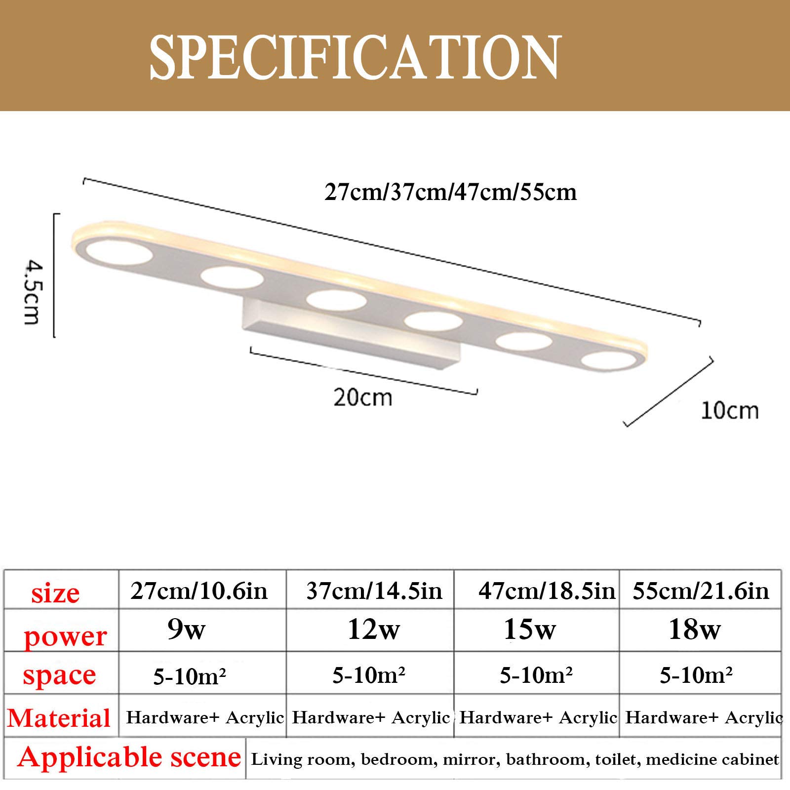 LED Bathroom Mirror Light - 6 Eyes Moisture-Proof, 37cm Warm White for Dressing & Vanity