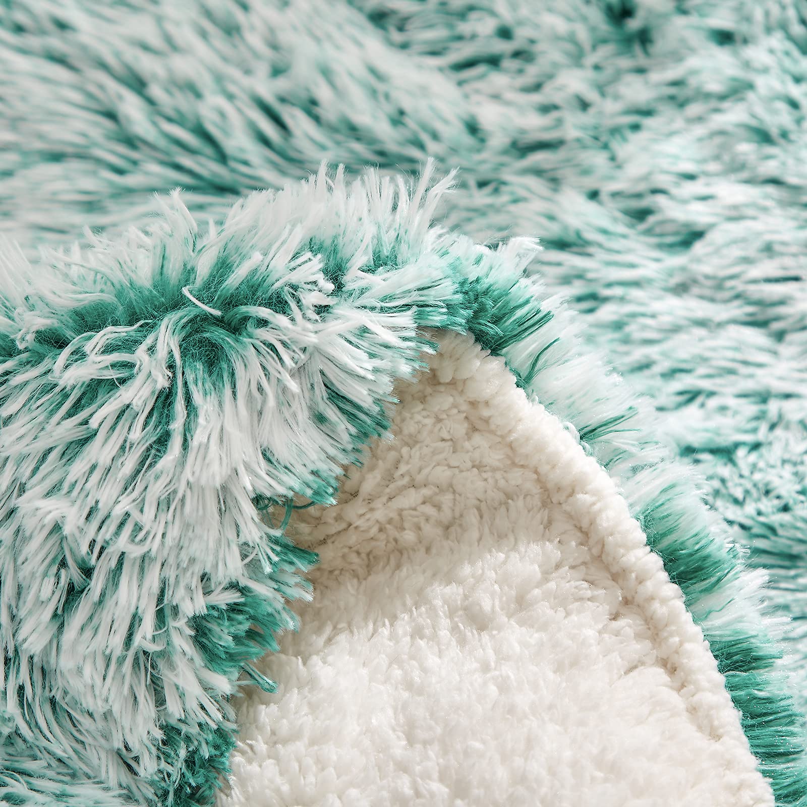 Luxury Faux Fur Shaggy Fluffy Comforter Set - Twin Size Mixed Aqua & White, 3-Piece Plush Flannel Sherpa Backing Reversible Soft Microfiber Bedding - Super Warm Winter Comforter for Cozy Bedroom Decor & Guest Room Essentials