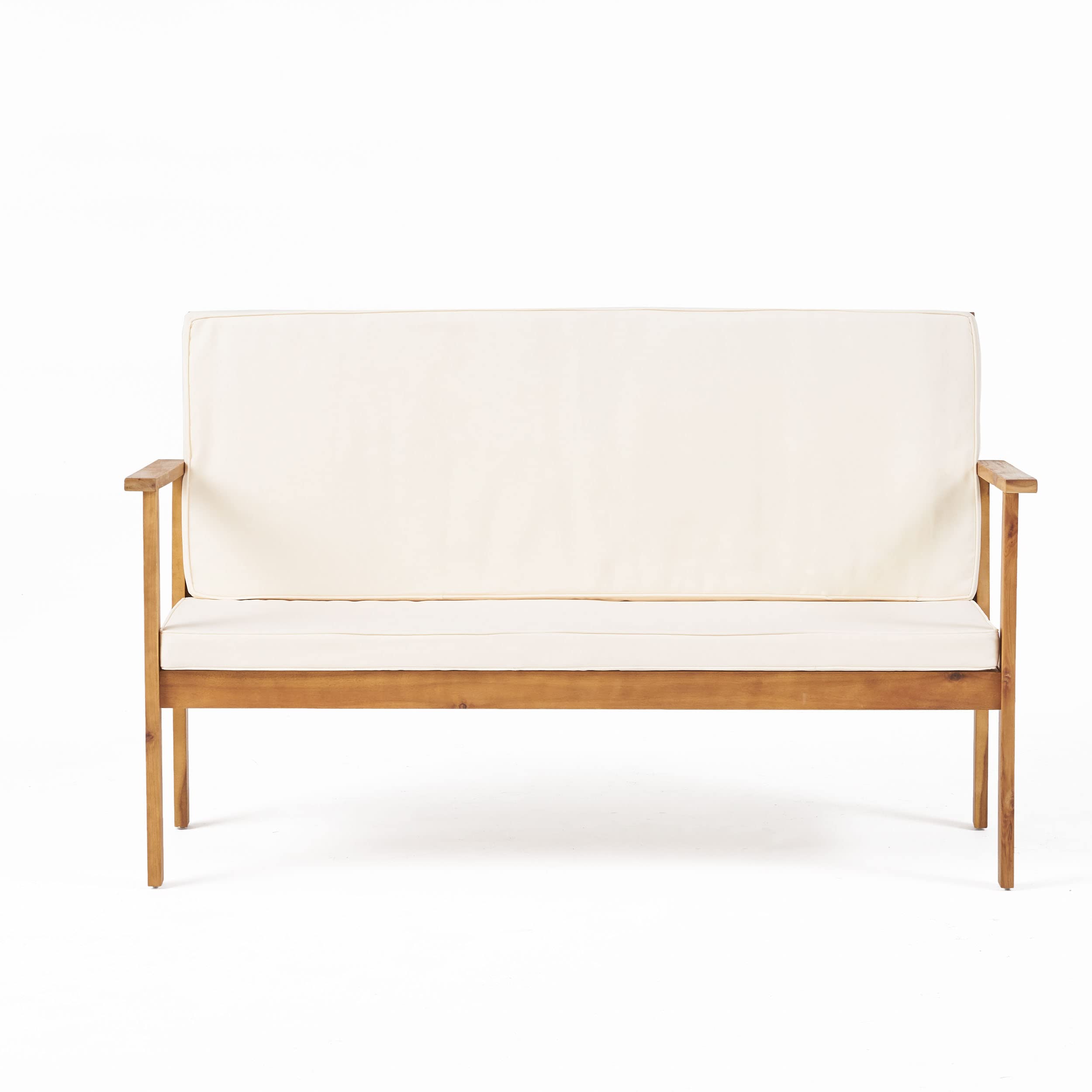 Christopher Knight Home Luciano Outdoor Acacia Wood Bench with Water Resistant Fabric Cushions - Brown Patina & Cream - Perfect for Patio, Garden, and Poolside Seating