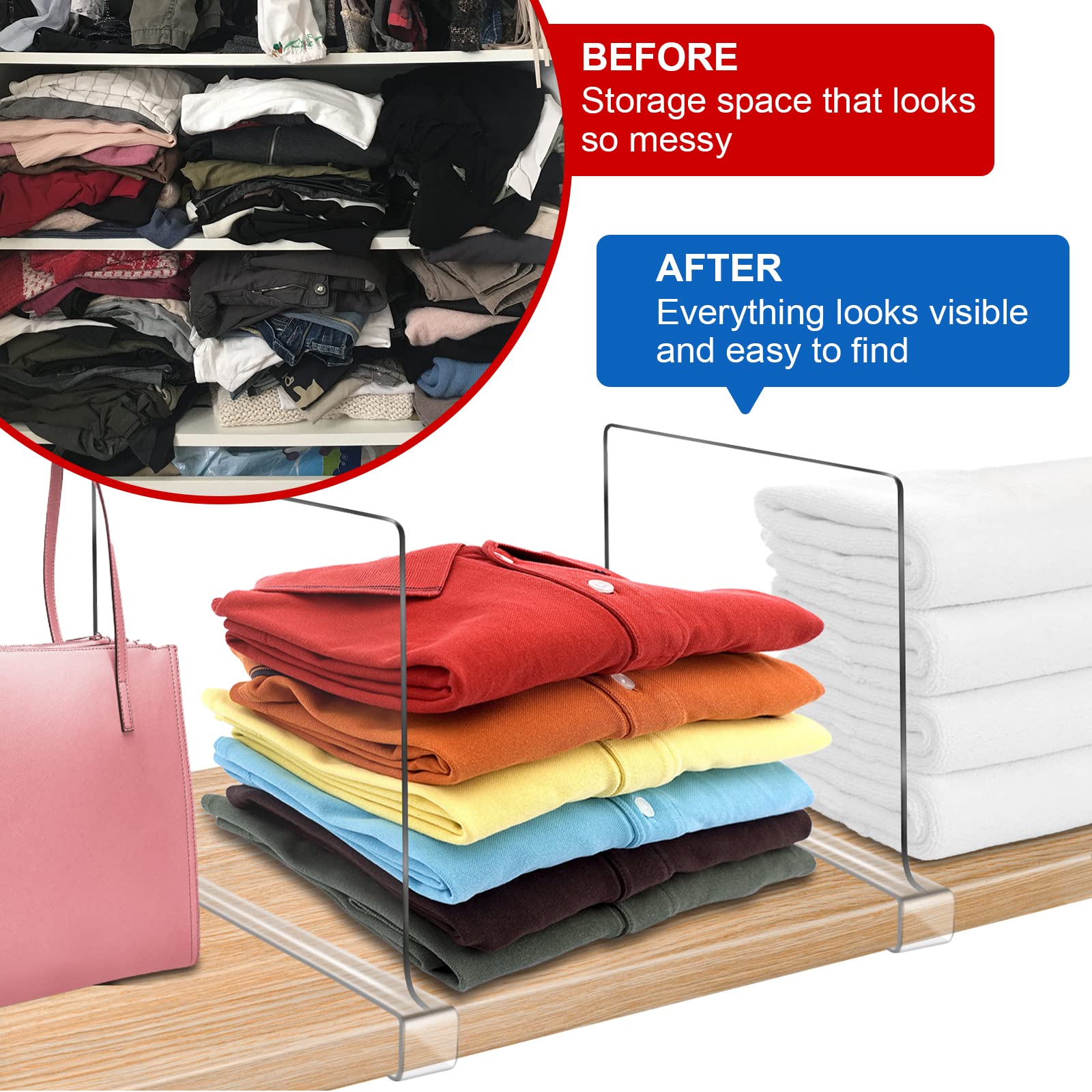 6PCS Clear Acrylic Shelf Dividers for Closet Organization - Wood Closet Shelf Organizer & Separator - Perfect for Wardrobe, Pantry, and Storage Shelves