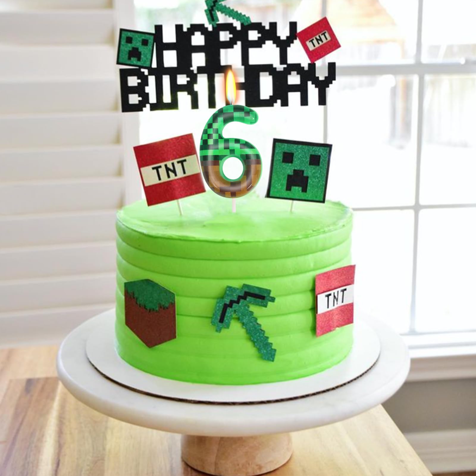6th Birthday Pixel Miner Cake Candles & Topper - TNT Themed Party Decor for Boys & Girls - Perfect for Minecraft Themed Birthday Cakes & Gaming Celebrations