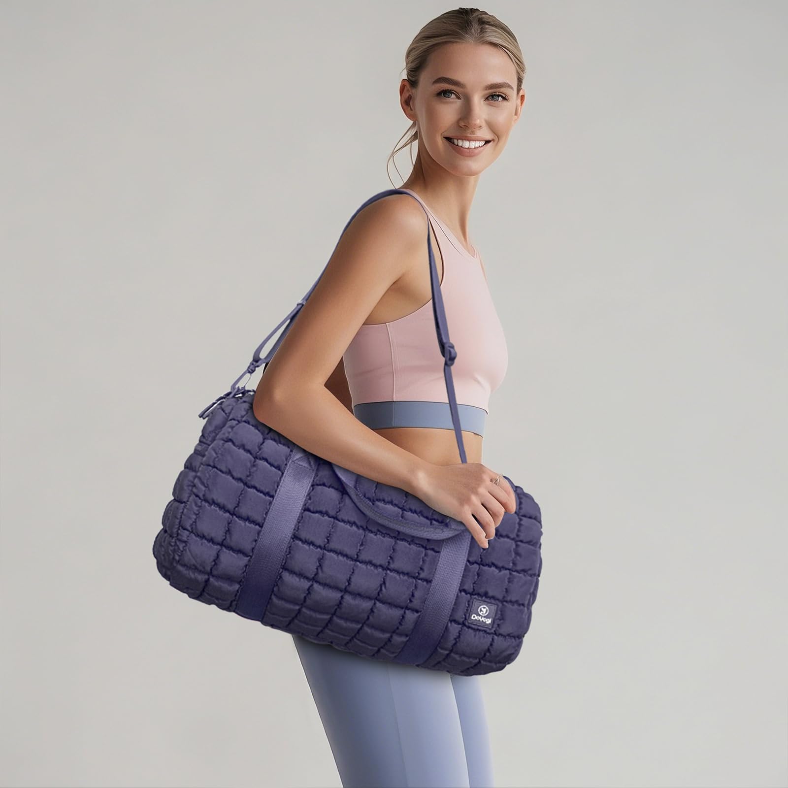 Quilted Gym Bag for Women - Large Duffle Travel Bag with Wet Pocket & Shoe Compartment - Purple Weekender Carry On Bag for Workout, Yoga, Gym, Travel & Weekend Getaways