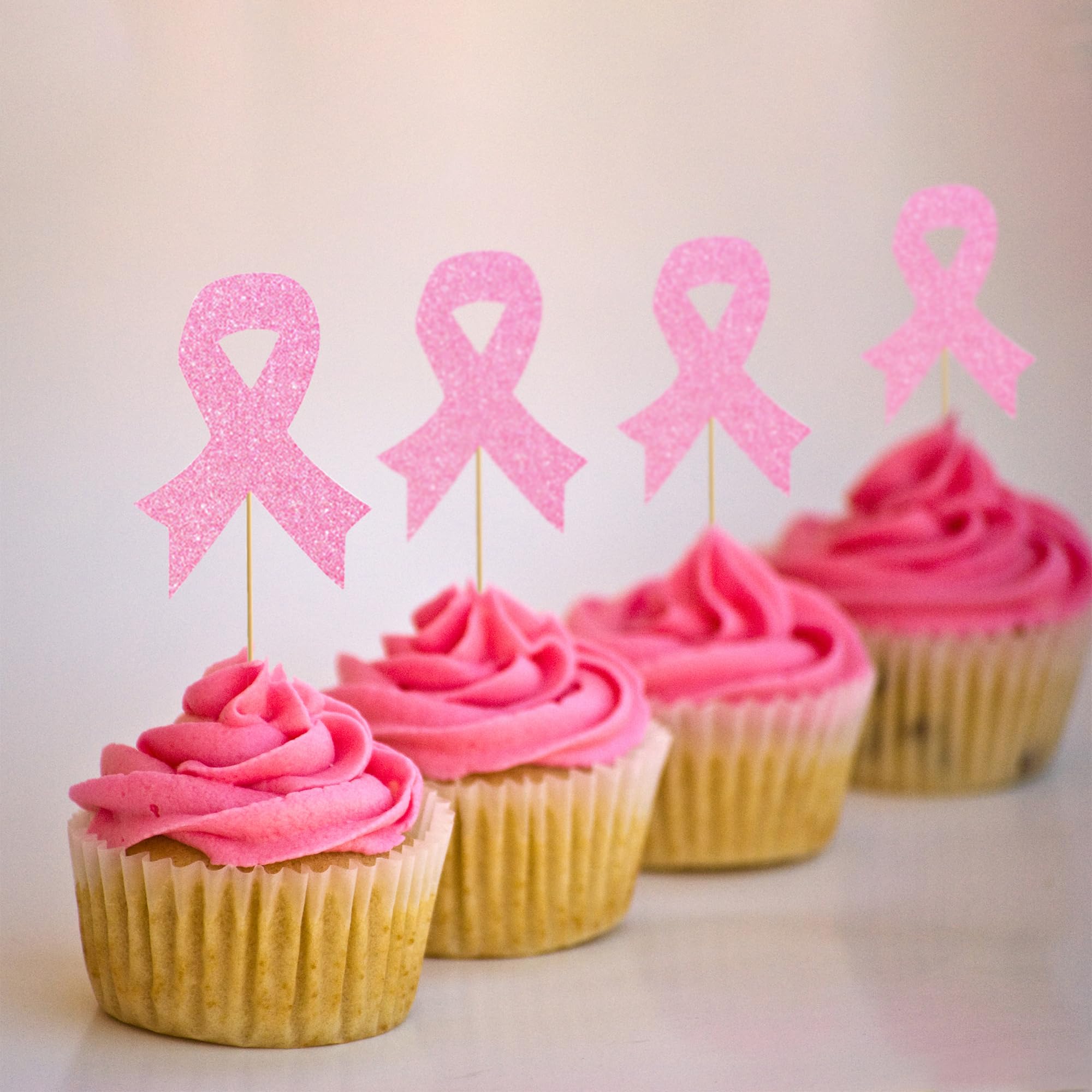 24 Pcs Pink Ribbon Breast Cancer Cupcake Toppers - Glitter Cupcake Decorations for Awareness Events, Fundraisers & Birthday Cakes - Perfect for Pink Themed Parties, Bake Sales & Survivor Celebrations