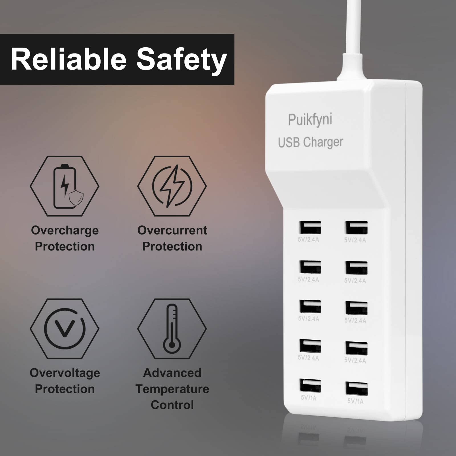 10-Port USB Charger Station - Fast Charging Hub for Multiple Devices - Smart USB Power Strip for Phones, Tablets, Smartwatches & More - White - Perfect for Home, Office & Travel Use