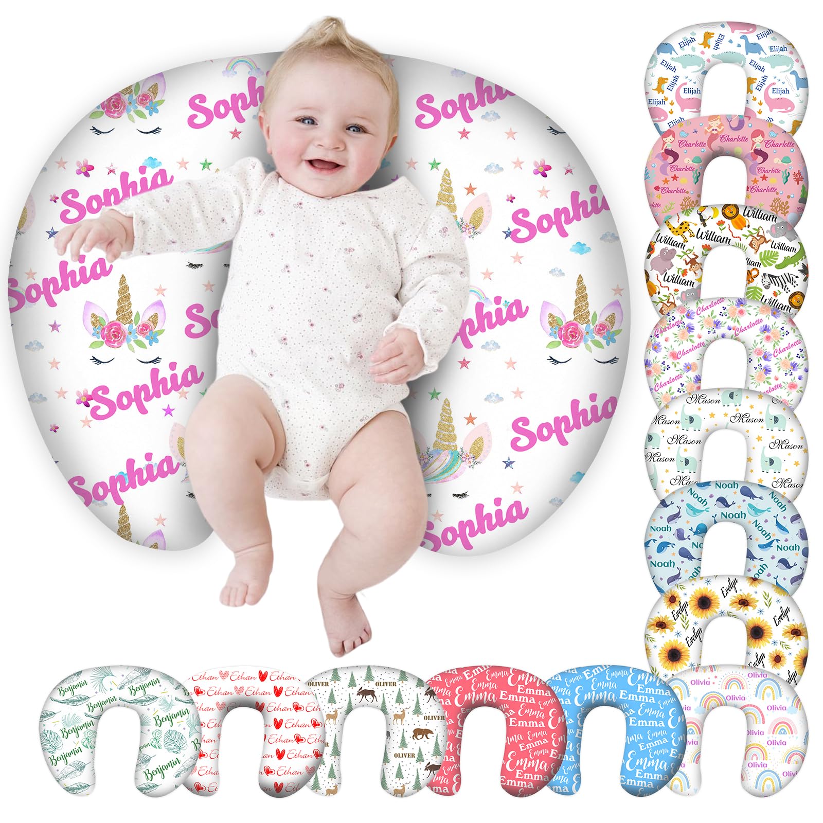 Personalized Baby Nursing Pillow Cover - Custom Name Unicorn Theme for Boys & Girls - Perfect Baby Shower Gift for Newborns & Breastfeeding Moms - Nursery, Travel & Home Use