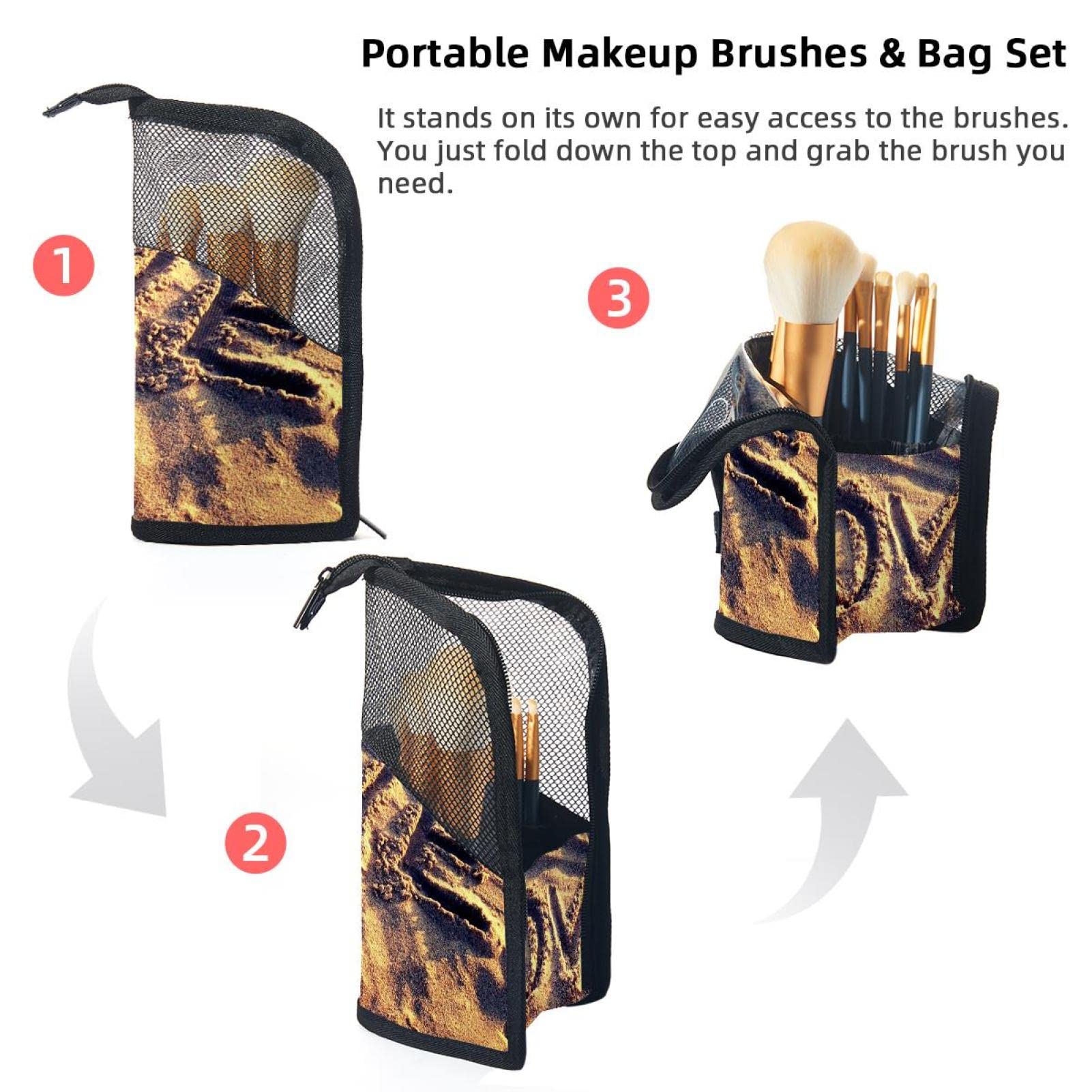 Portable Makeup Brush Organizer Bag with 12 Cosmetic Brushes - Love Beach Sand & Sea Shells Design - Travel Makeup Brush Holder Case for Professional Artists & Beginners (Perfect for Travel, Home Vanity & Beach Vacations)
