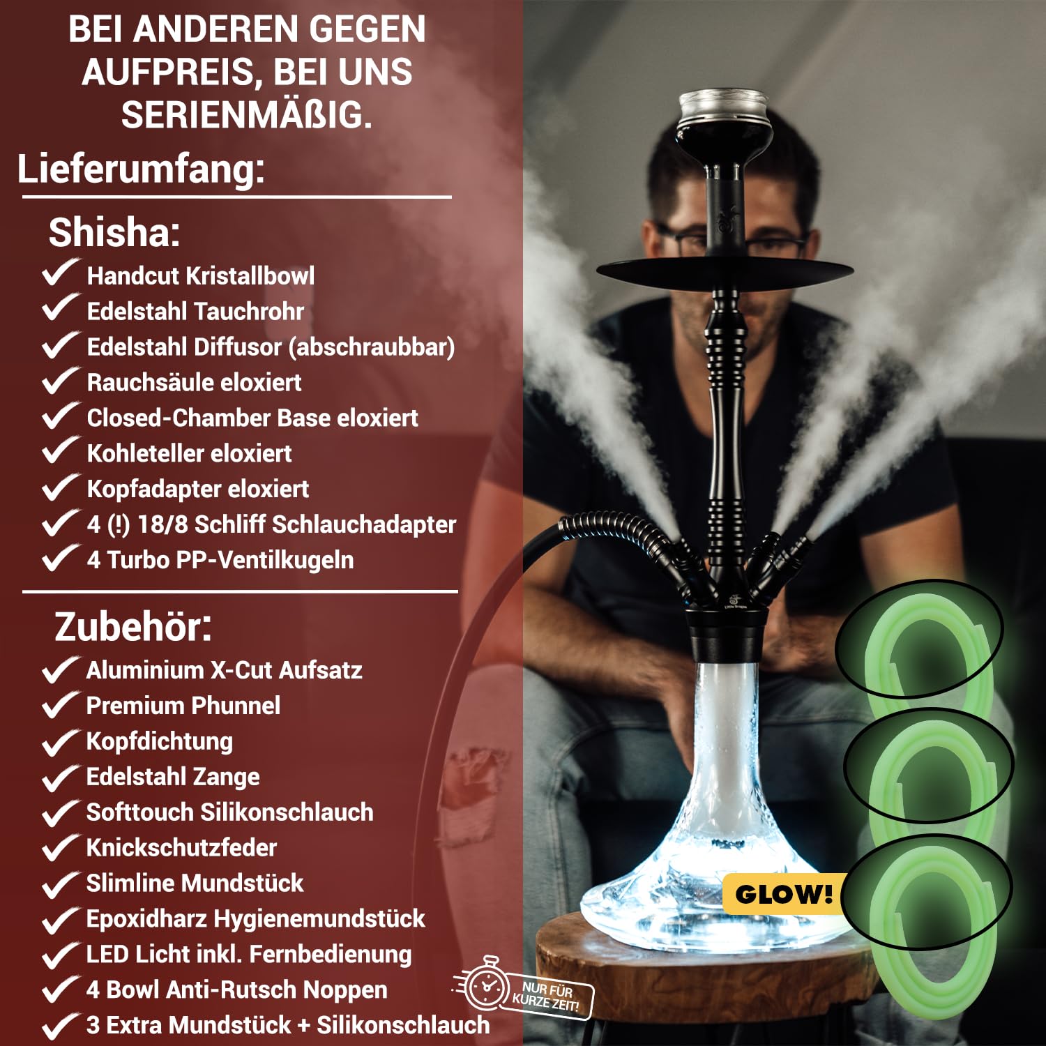 Premium Hookah Set with 4 Hoses - Elegant & Flavorful Hookah Pipe with Click System & Accessories for Ultimate Smoking Experience - Perfect for Parties, Lounges & Relaxation