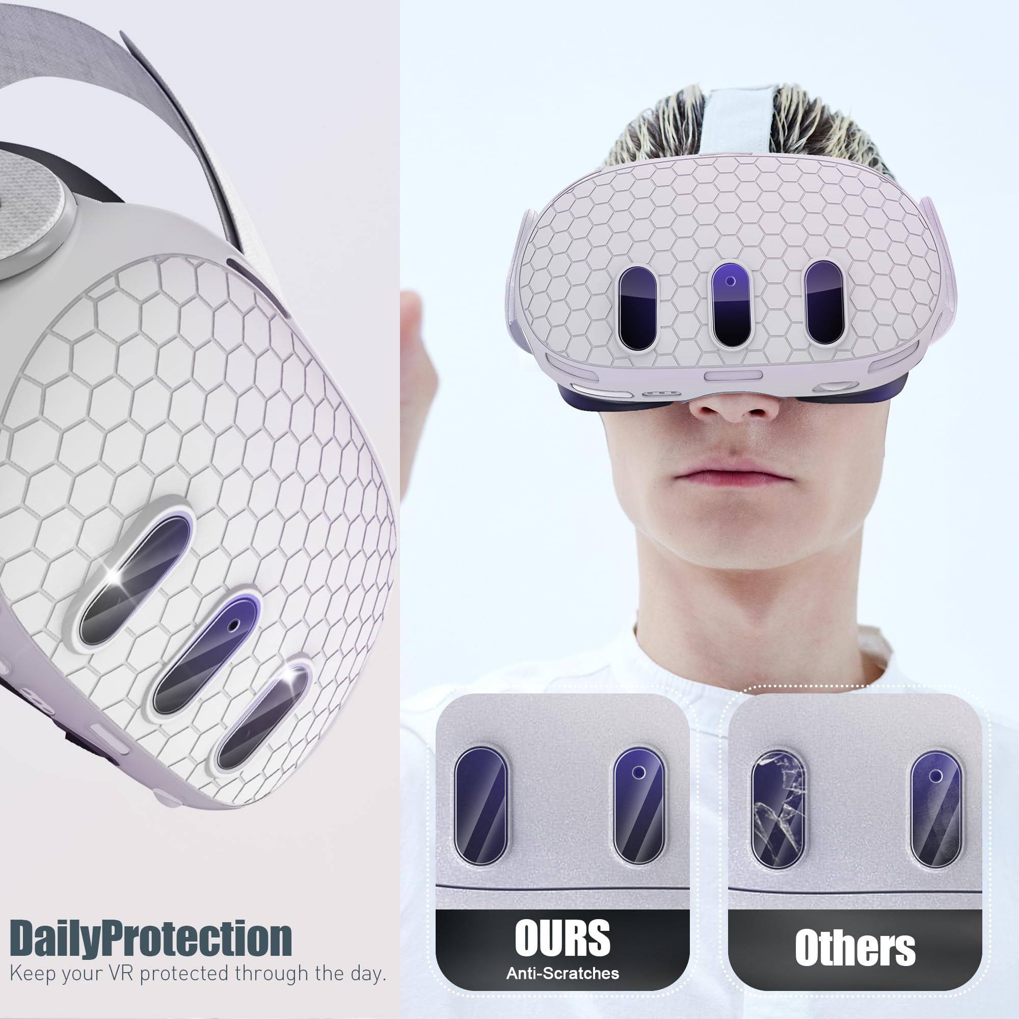 Orzero Soft Silicone Headset Cover for Meta Quest 3 VR Headset - Includes 2 Sets (6 Packs) Tempered Glass Camera Lens Protectors - Anti-Scratch & Shockproof Protection - Perfect for VR Gaming, Fitness & Immersive Experiences - White