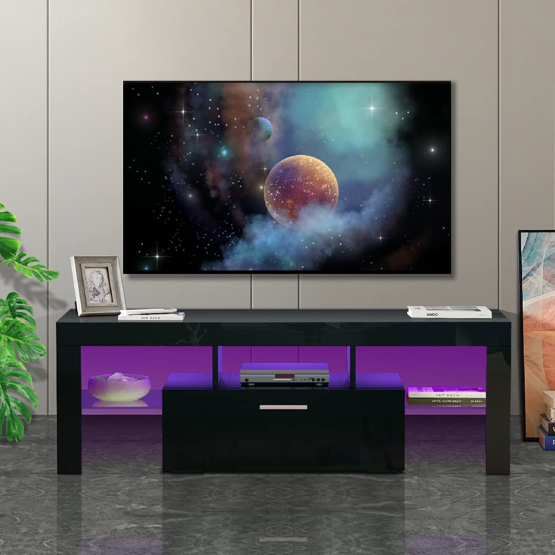 20-Minute Quick Assemble Black Modern TV Stand with LED Lights - High Glossy Front TV Cabinet for Living Room, Bedroom & Lounge - Easy Assembly Entertainment Center (Black) - Perfect for Movie Nights & Home Decor