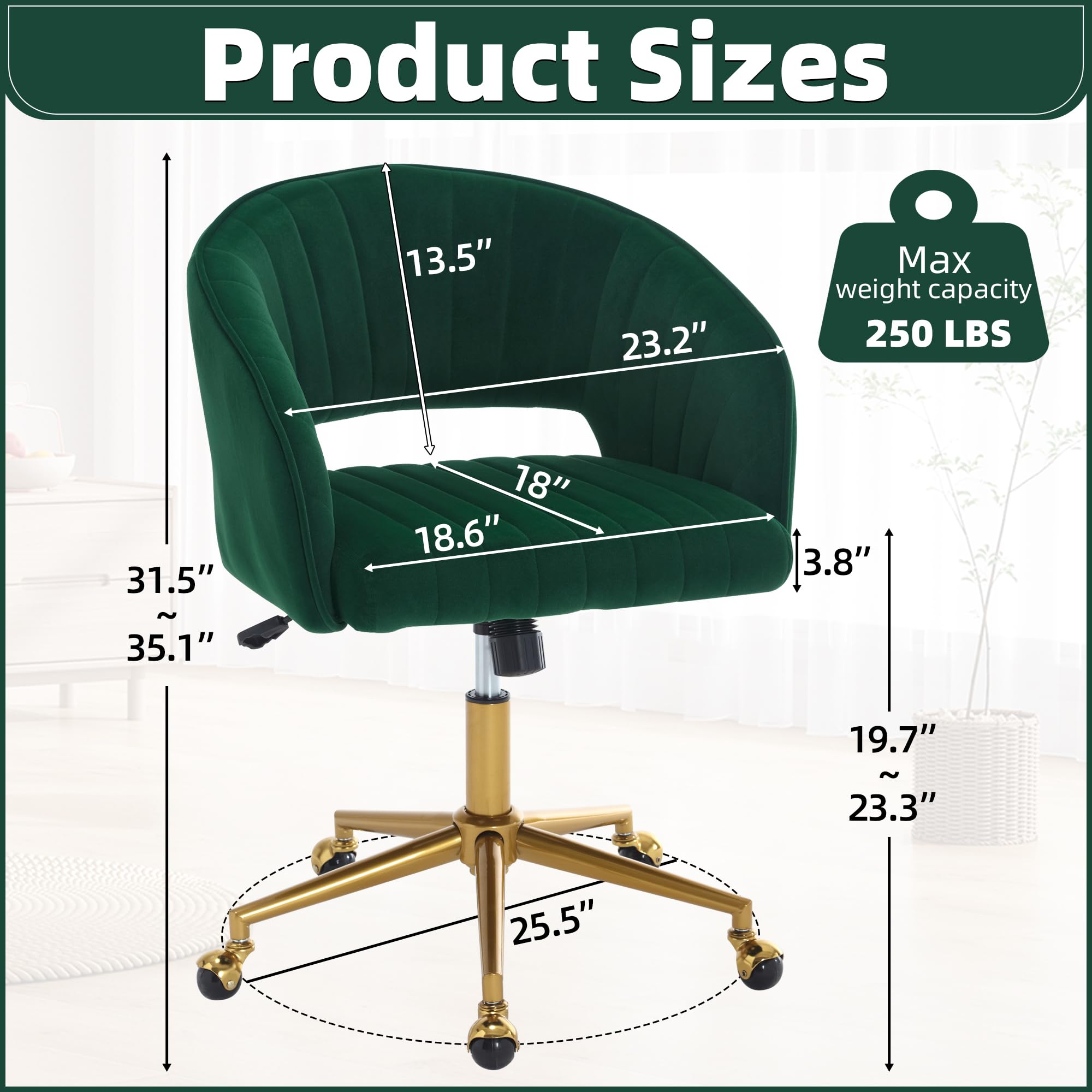 ABET Ergonomic Velvet Desk Chair with Wheels - Adjustable Swivel Office Chair with Gold Base for Home & Workspace - Modern Upholstered Armchair for Living Room, Bedroom & Vanity (Dark Green) - Perfect for Remote Work, Gaming & Study Sessions