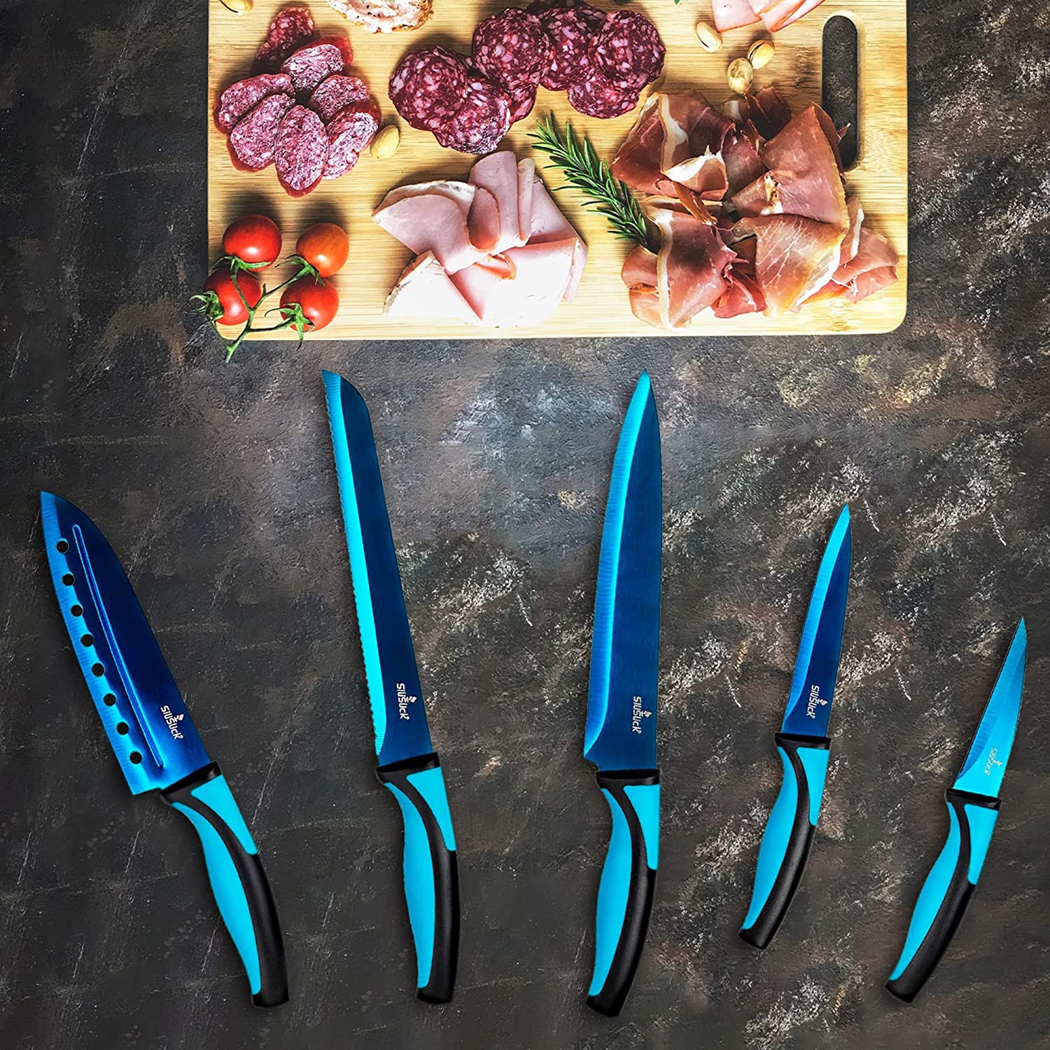 Rainbow Titanium Coated Kitchen Knife Set - 6-Piece Stainless Steel Knives with Chef, Bread, Santoku, Paring & Utility Knives - Sharp Kitchen Cutlery with Blade Covers - Perfect for Home Cooking, BBQ & Gift Giving