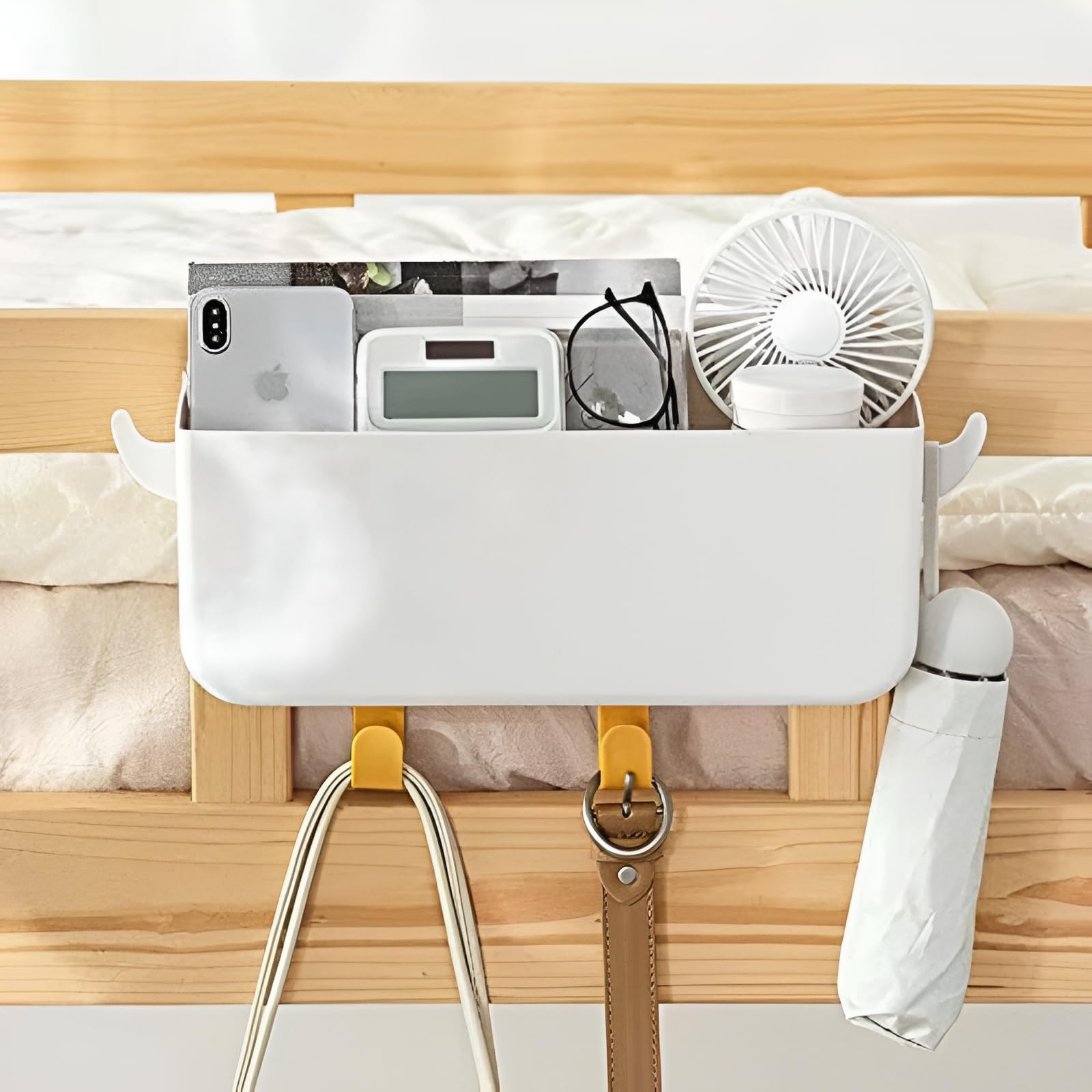 White Plastic Bunk Bed Shelf with Hooks | Top Bunk Organizer for Kids | Bedside Storage Solution for Bunk Beds | Perfect for Books, Toys & Nighttime Essentials