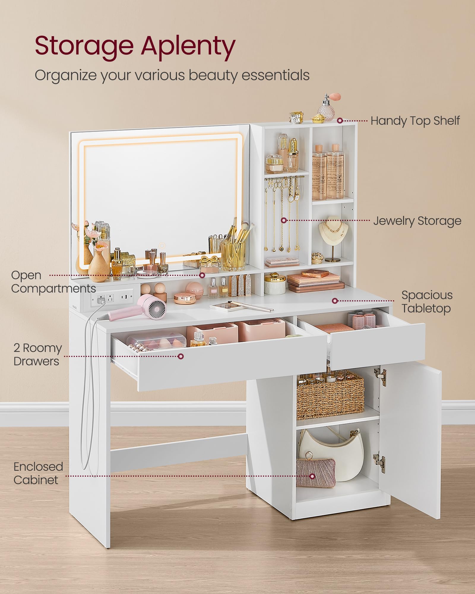 VASAGLE 43.3-Inch Vanity Desk with LED Mirror, Power Outlets & Stool - Adjustable Shelves, Jewelry Storage Drawers - Cloud White Makeup Dressing Table for Bedroom, Home Decor & Beauty Routine